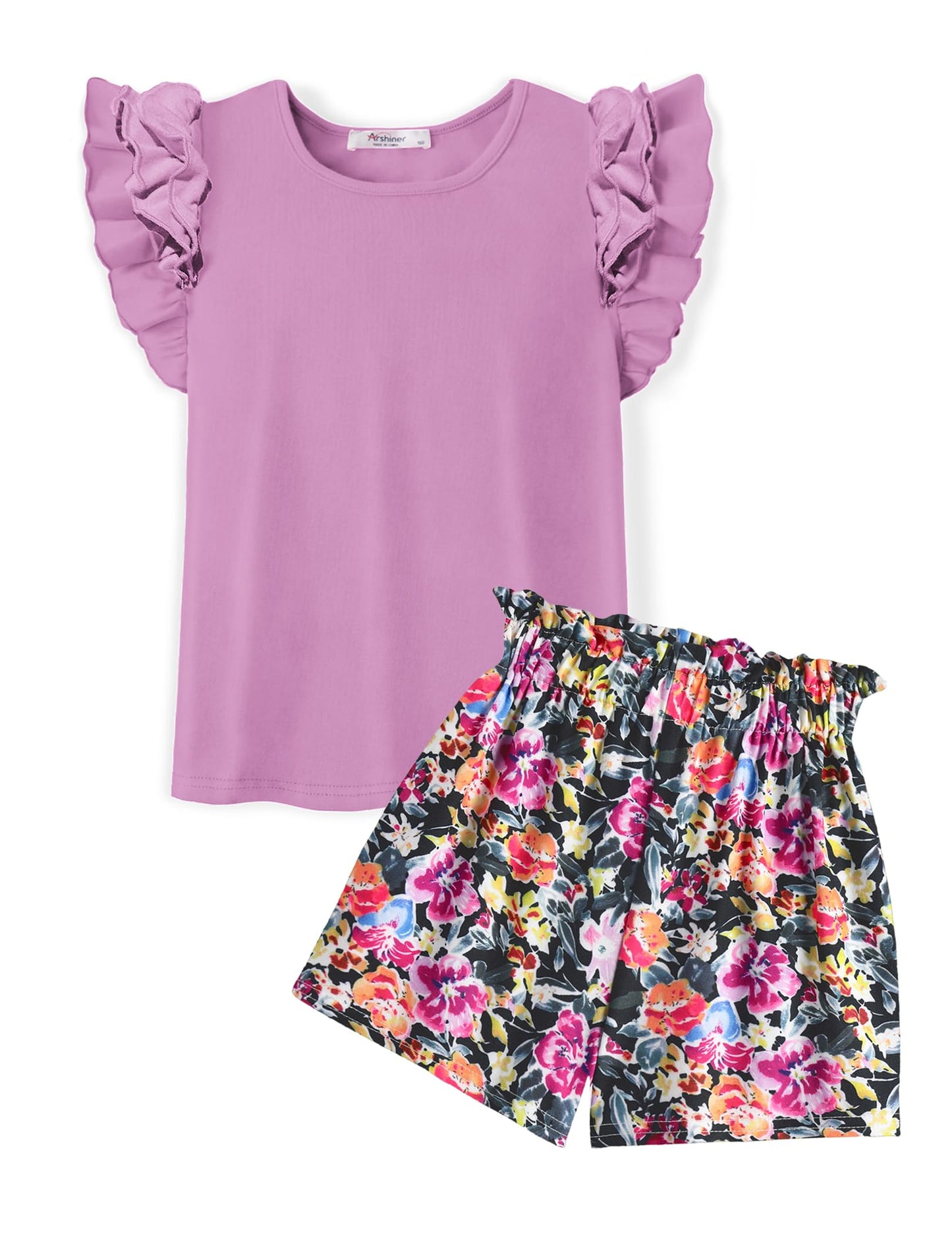 Arshiner Set di Abbigliamento per Ragazze T-shirt Estiva Pantaloncini Completo Bambini Cotone Maniche Volant Set di Abbigliamento per il Tempo Libero Moda Due Pezzi Ragazze con Tasca 6-14 Anni