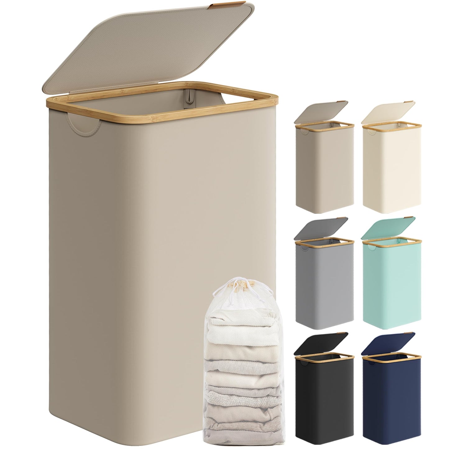 SONGMICS Cesto Portabiancheria con Coperchio, Cesta per Bucato, 65L, Salvaspazio, Sacco Rimovibile, Tessuto Oxford, Manici di Bambù, Pieghevole, 42 x 22,5 x 70,5 cm, Nero Inchiostro LCB506B01