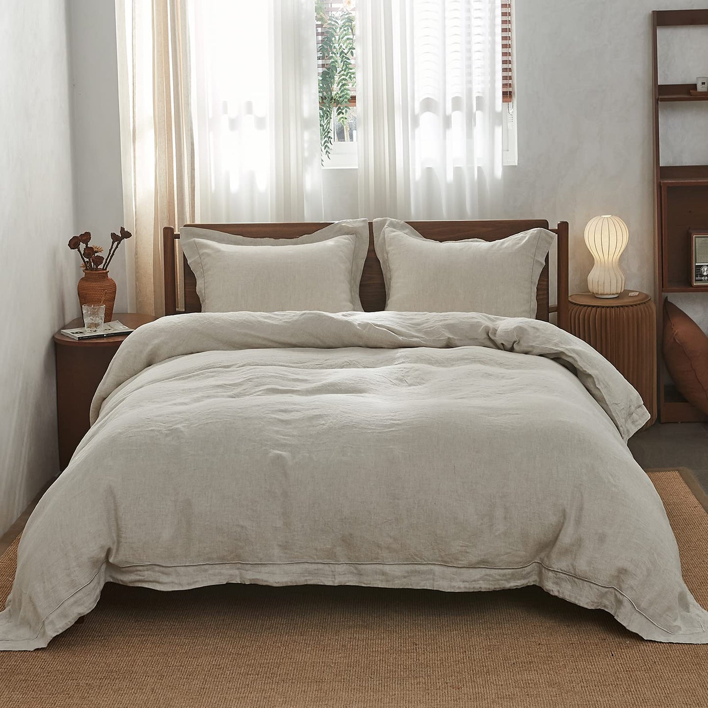 Simple&Opulence Set copripiumino in lino lavato a pietra naturale al 100% biancheria da letto in 3 pezzi con ricamo solido 1 copripiumino e 2 federe(King 230x220cm,Bianca)
