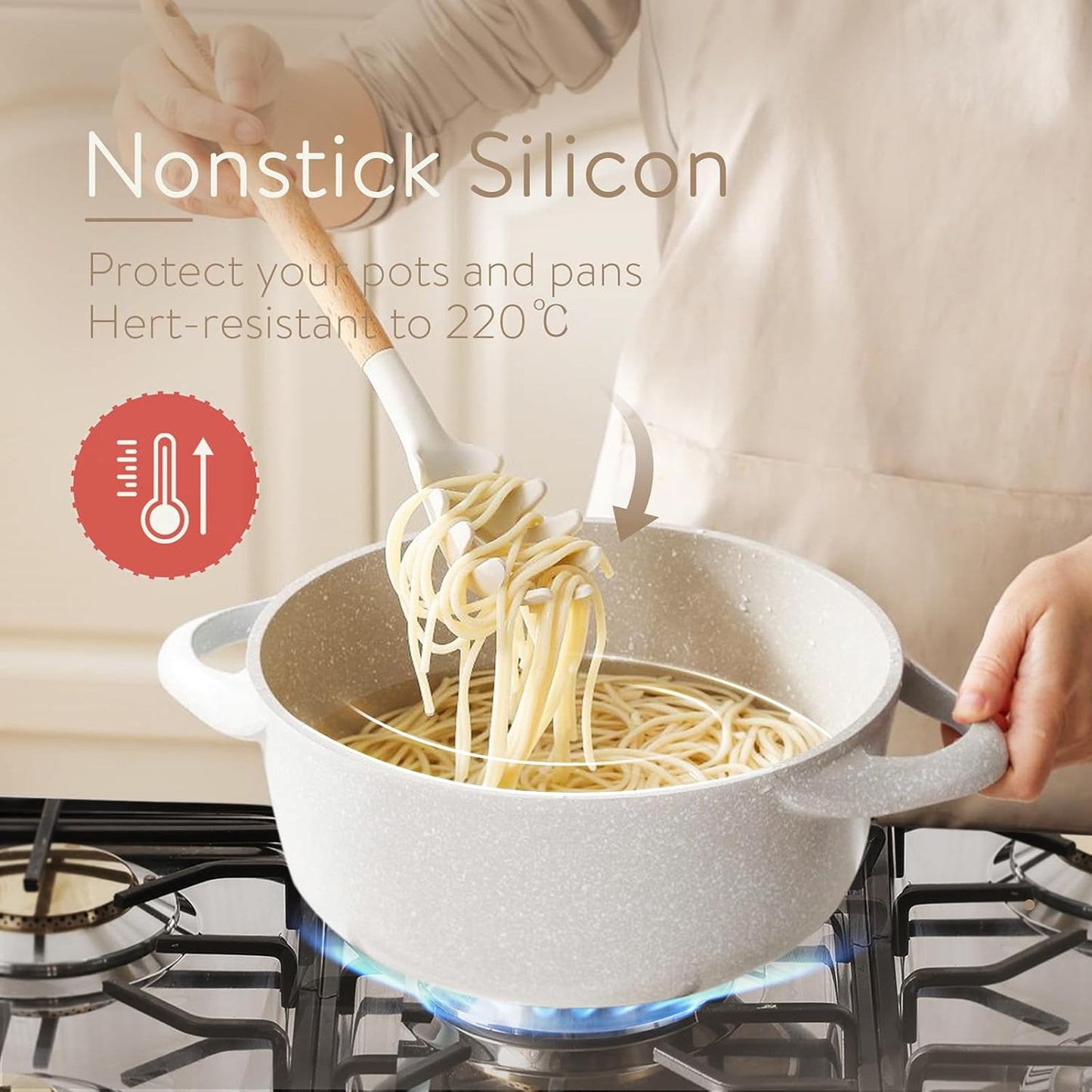 CAROTE Utensili Cucina Silicone 10 pezzi, Utensili da cucina antiaderenti resistenti al calore con manico,Cucchiai, palette e spatole in legno per cucinare,cuocere al forno, senza BPA, Lavastoviglie