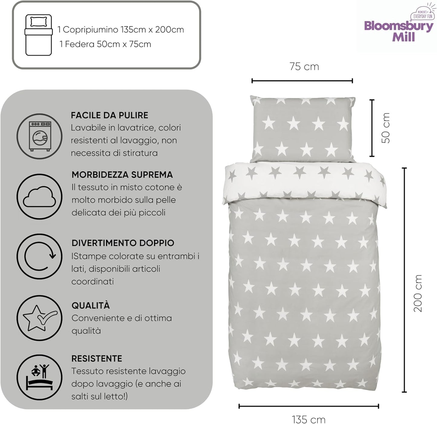 Bloomsbury Mill - Set Copripiumino Singolo Bambino e Bambina - Grigio & Bianco Stelle - Lenzuola Letto Singolo Reversibile - Set di Biancheria da Letto per Bambini - 135x200cm e Federe