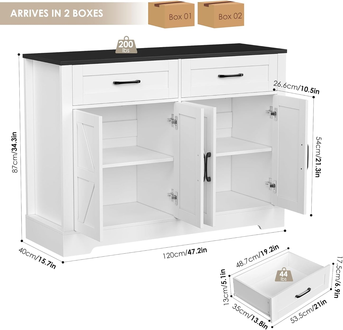 HOCSOK Credenza Cucina, Mobile Dispensa con 4 Ante e 2 Cassetti, Armadietto Organizzatore per Cucina e Soggiorno 120x40x87 cm, Nero
