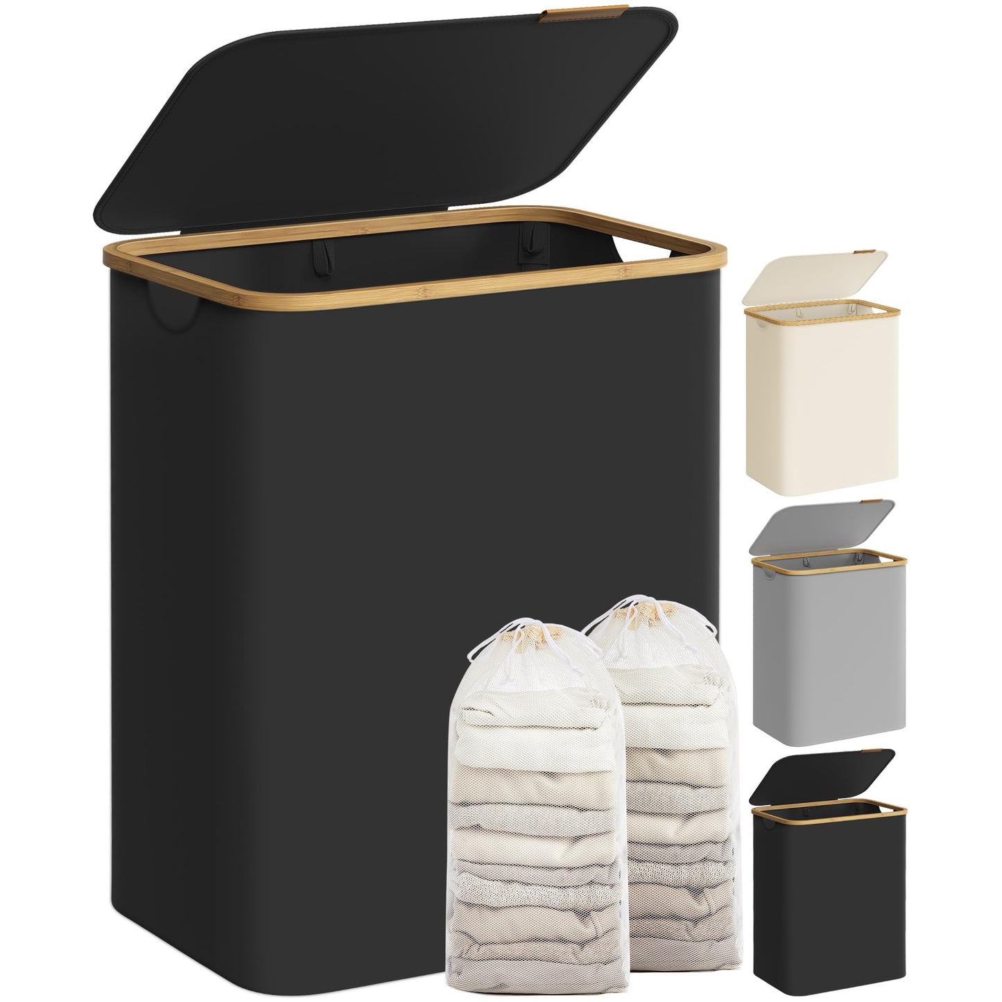 SONGMICS Cesto Portabiancheria con Coperchio, Cesta per Bucato, 65L, Salvaspazio, Sacco Rimovibile, Tessuto Oxford, Manici di Bambù, Pieghevole, 42 x 22,5 x 70,5 cm, Nero Inchiostro LCB506B01
