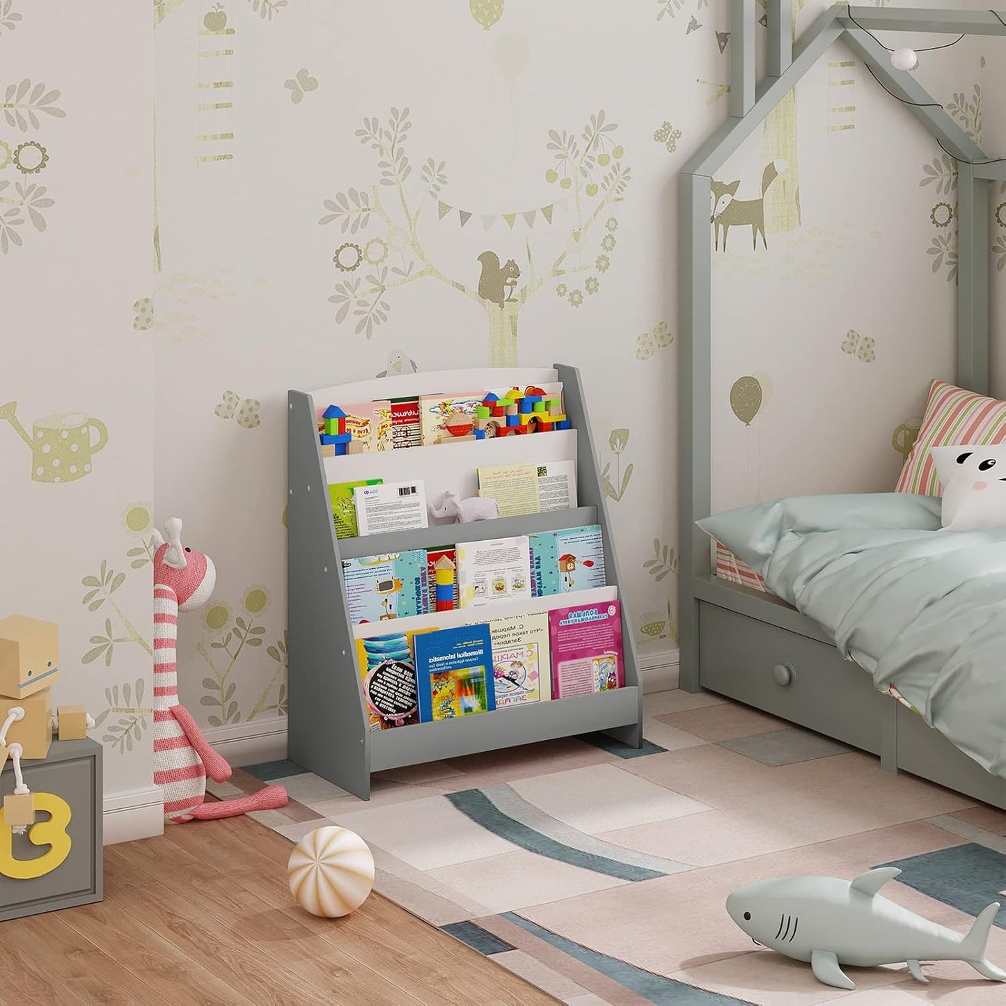Lestarain Libreria Montessoriana per Bambini in Legno, Mobiletto Porta Libri con 4 Scomparti Aperti, Scaffale per Libri da Terra per Cameretta, Bianco e Grigio, 61x30x70cm