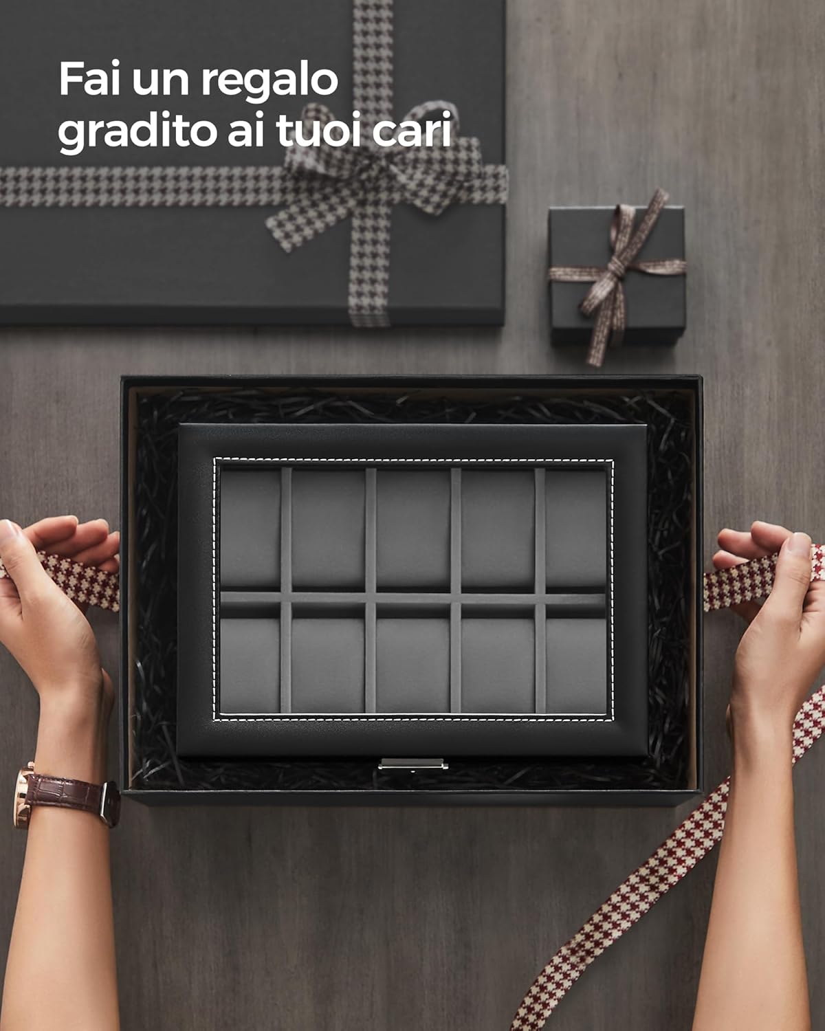 SONGMICS Porta Orologi, Scatola Portaorologi a 2 Livelli, Coperchio in Vetro, con Cuscinetti Rimovibili, Idea Regalo, Superficie in PU Nera, Interno Grigio JWB020
