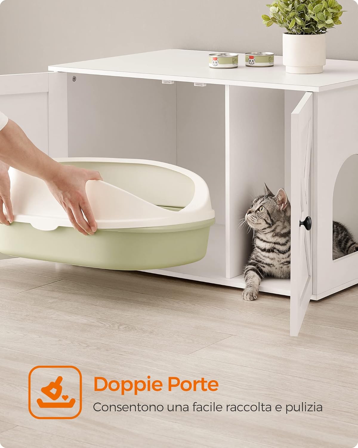Feandrea Mobile Lettiera per Gatti con Divisorio Rimovibile, Cassetta per Gatti per Interno, Tavolino, 80 x 53 x 50 cm, Bianco PCL002W01