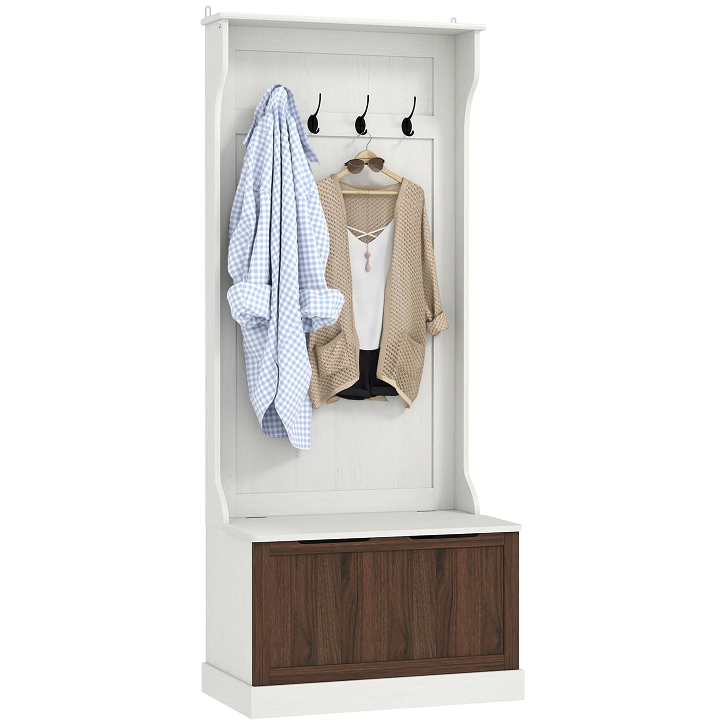 HOMCOM 3 in 1 Appendiabiti da Ingresso con Scarpiera, Attaccapanni da Terra Salvaspazio con 4 Ganci e Panca Contenitore, in MDF, per Corridoio, Camera da Letto, 71.5x39.5x170 cm, Bianco