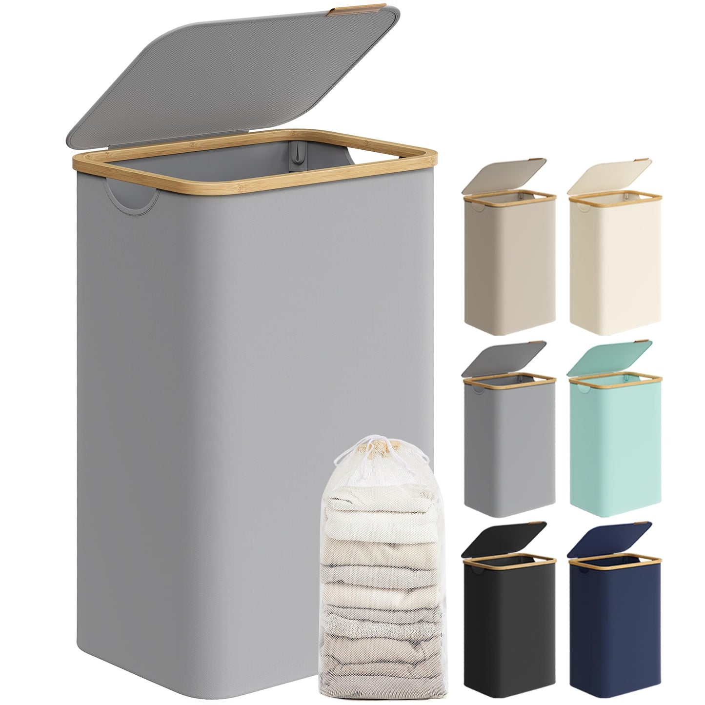 SONGMICS Cesto Portabiancheria con Coperchio, Cesta per Bucato, 65L, Salvaspazio, Sacco Rimovibile, Tessuto Oxford, Manici di Bambù, Pieghevole, 42 x 22,5 x 70,5 cm, Nero Inchiostro LCB506B01