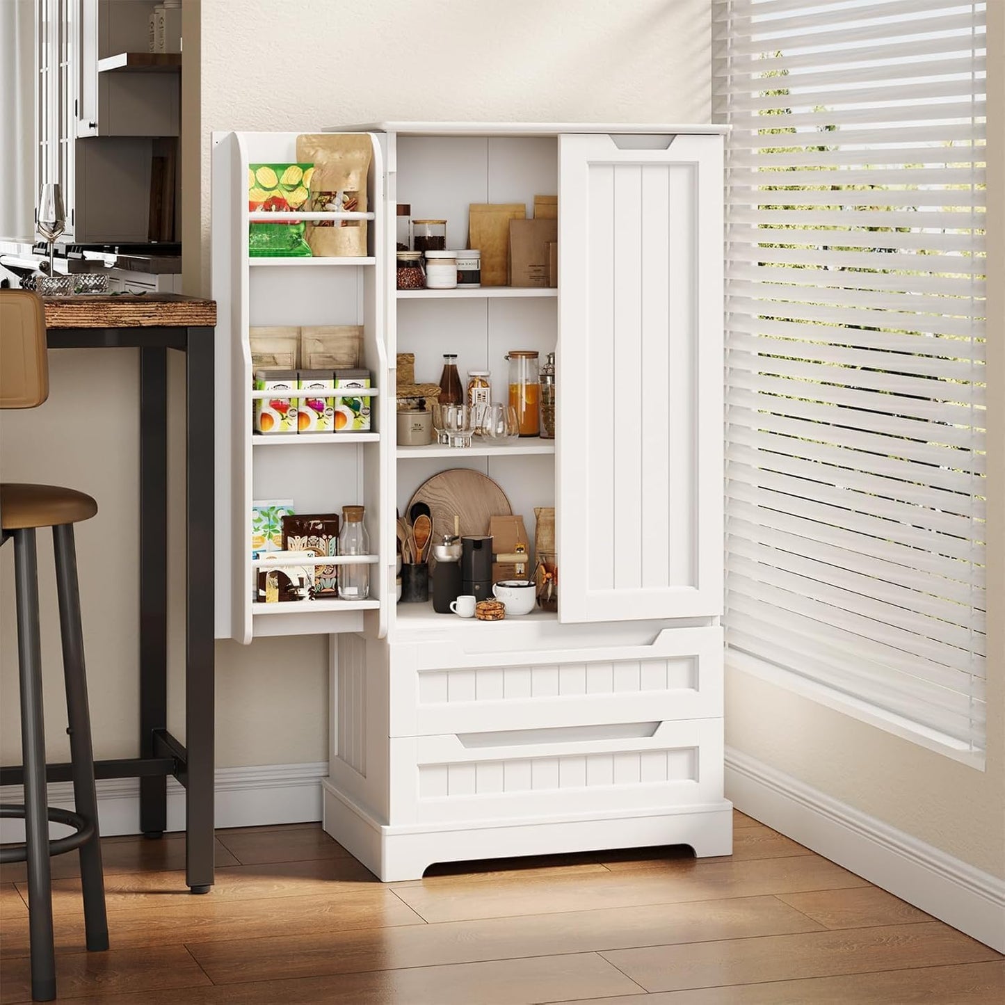 Bealife Credenza Armadio da Cucina, Armadio da Cucina con 2 Cassetti e 2 Ante, Mobile da Cucina Indipendente per la Cucina Bianco