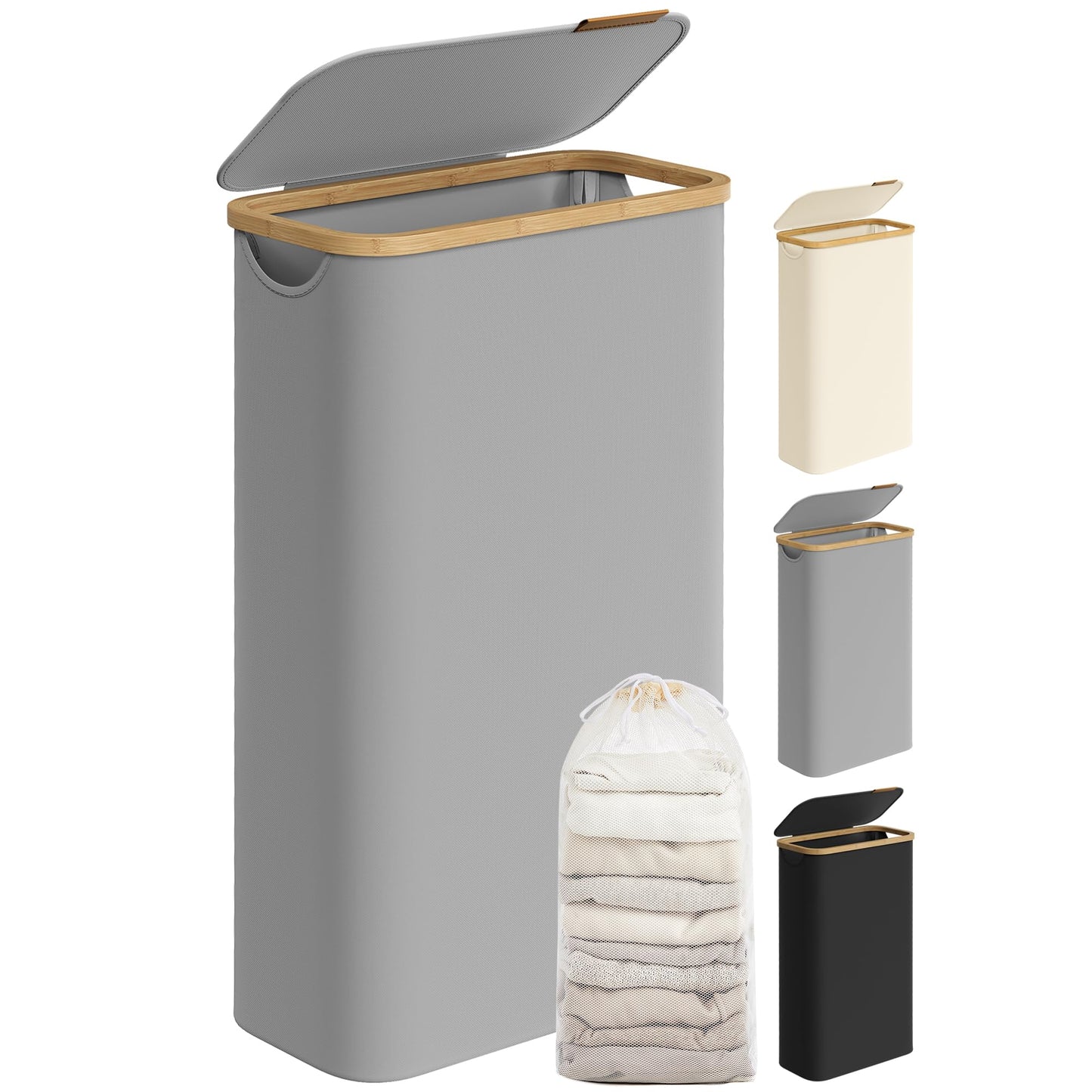 SONGMICS Cesto Portabiancheria con Coperchio, Cesta per Bucato, 65L, Salvaspazio, Sacco Rimovibile, Tessuto Oxford, Manici di Bambù, Pieghevole, 42 x 22,5 x 70,5 cm, Nero Inchiostro LCB506B01