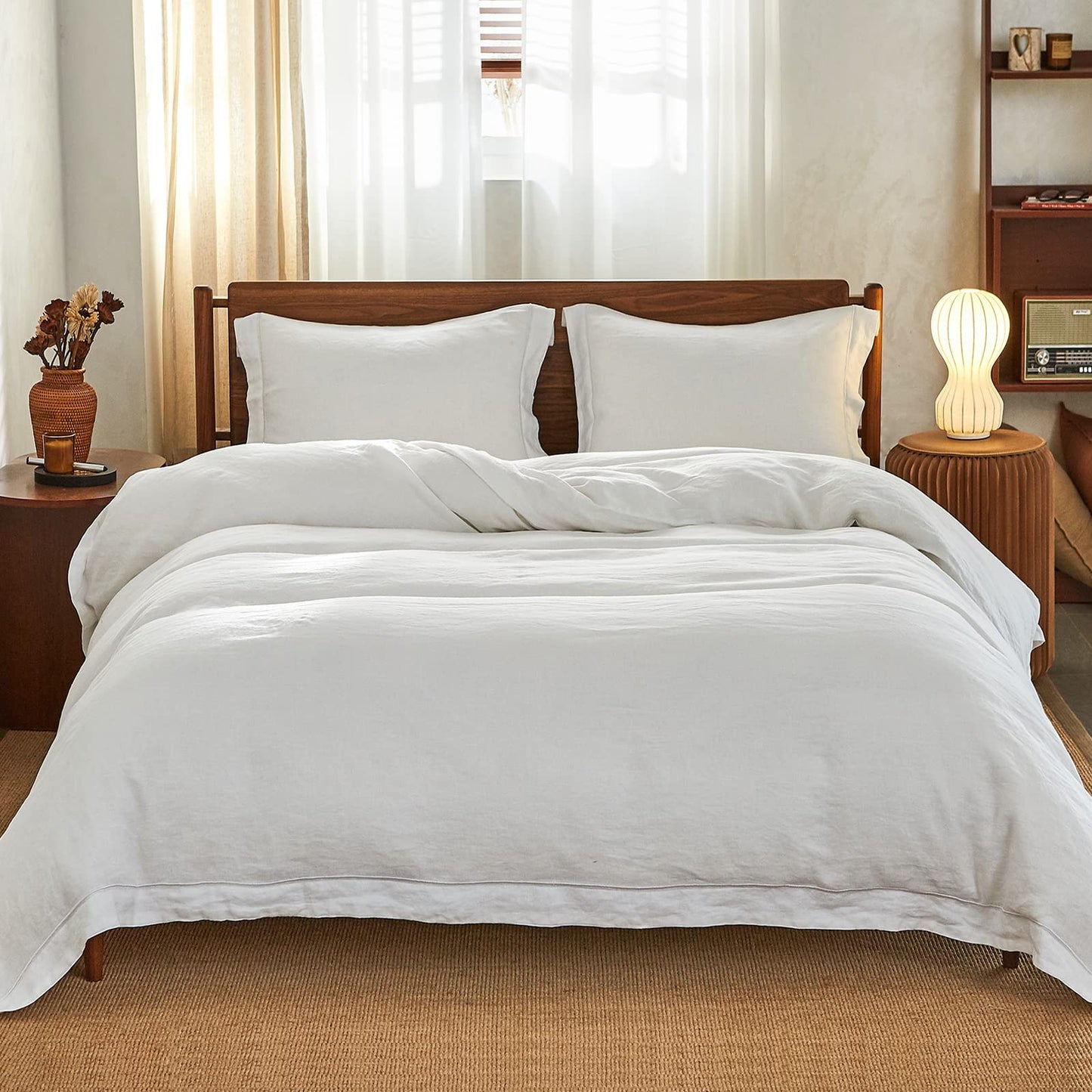 Simple&Opulence Set copripiumino in lino lavato a pietra naturale al 100% biancheria da letto in 3 pezzi con ricamo solido 1 copripiumino e 2 federe(King 230x220cm,Bianca)