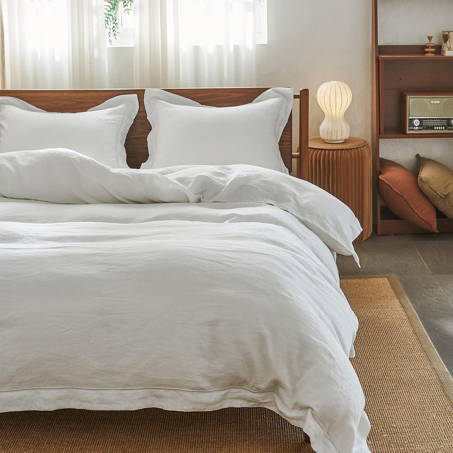 Simple&Opulence Set copripiumino in lino lavato a pietra naturale al 100% biancheria da letto in 3 pezzi con ricamo solido 1 copripiumino e 2 federe(King 230x220cm,Bianca)