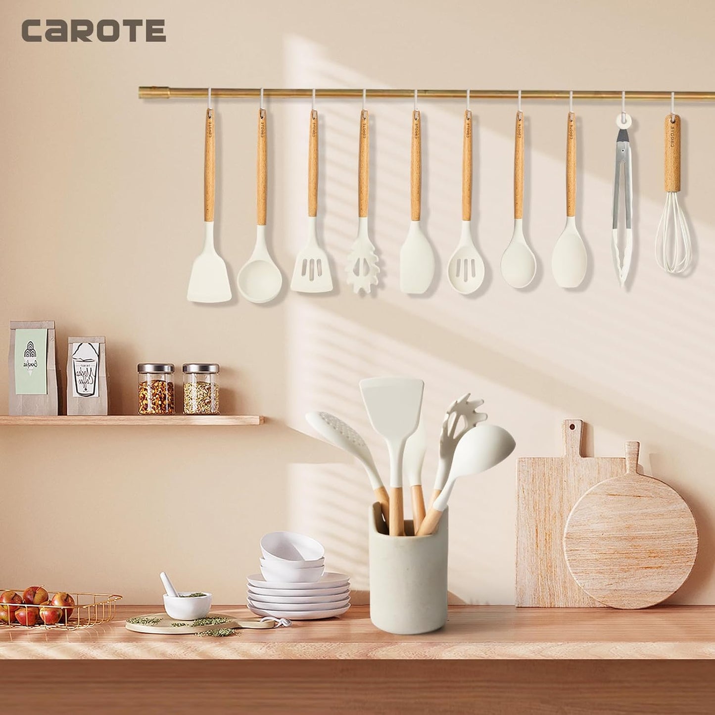 CAROTE Utensili Cucina Silicone 10 pezzi, Utensili da cucina antiaderenti resistenti al calore con manico,Cucchiai, palette e spatole in legno per cucinare,cuocere al forno, senza BPA, Lavastoviglie