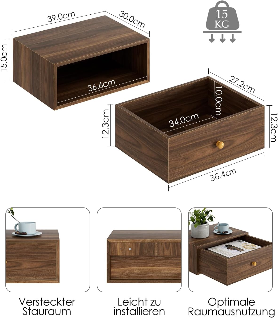 HEYZOEY Floating Night Stand, Floating Shelf with Drawer, Wall Mounted Nightstand, Floating Bedside Table (noce)