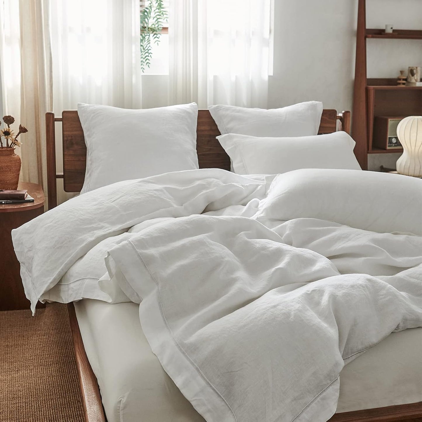Simple&Opulence Set copripiumino in lino lavato a pietra naturale al 100% biancheria da letto in 3 pezzi con ricamo solido 1 copripiumino e 2 federe(King 230x220cm,Bianca)