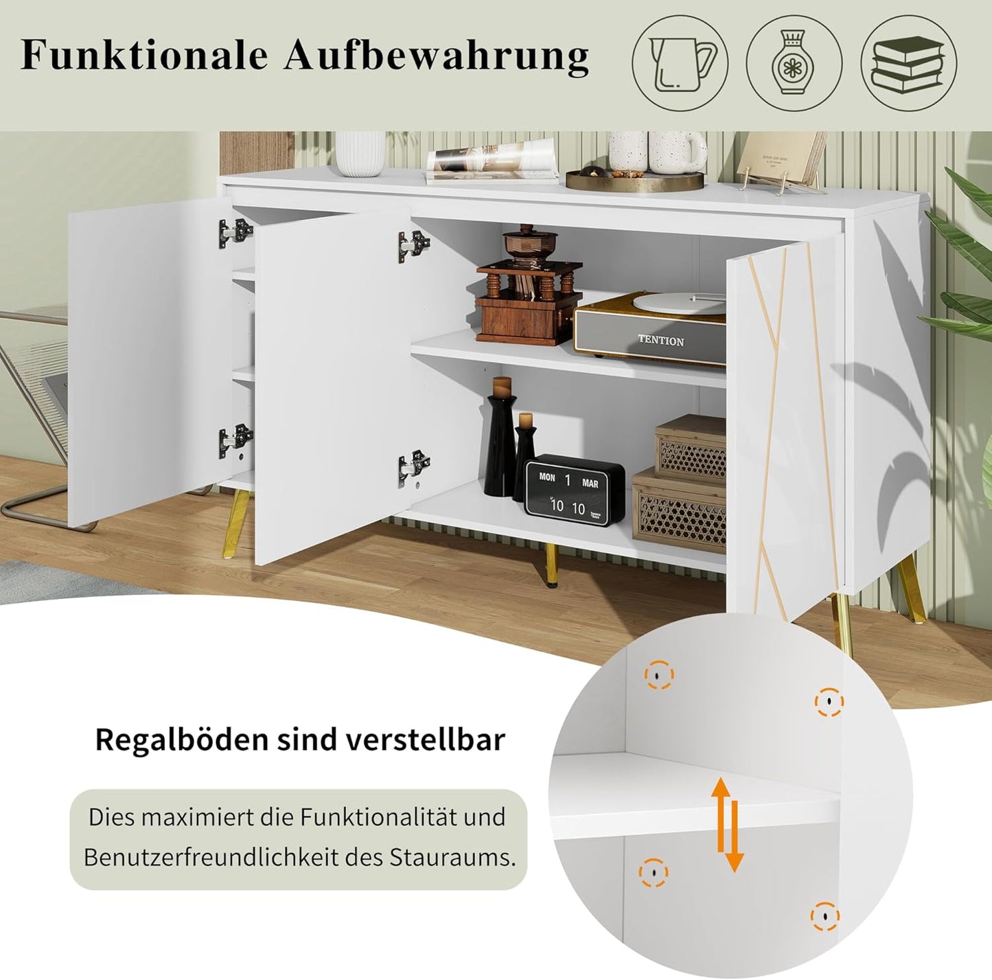 Credenza, armadio da cucina con 4 cassetti e 3 ante, per cucina, buffet con piano di lavoro, per sala da pranzo, soggiorno, 140 x 40 x 80 cm