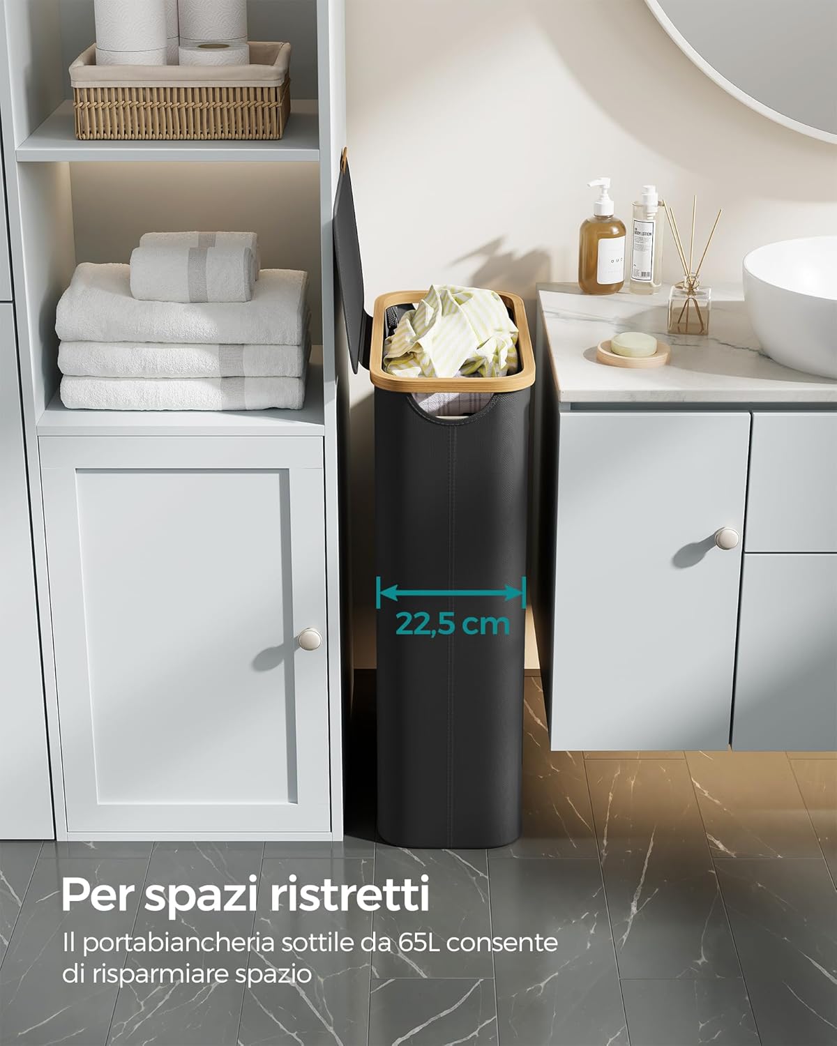 SONGMICS Cesto Portabiancheria con Coperchio, Cesta per Bucato, 65L, Salvaspazio, Sacco Rimovibile, Tessuto Oxford, Manici di Bambù, Pieghevole, 42 x 22,5 x 70,5 cm, Nero Inchiostro LCB506B01