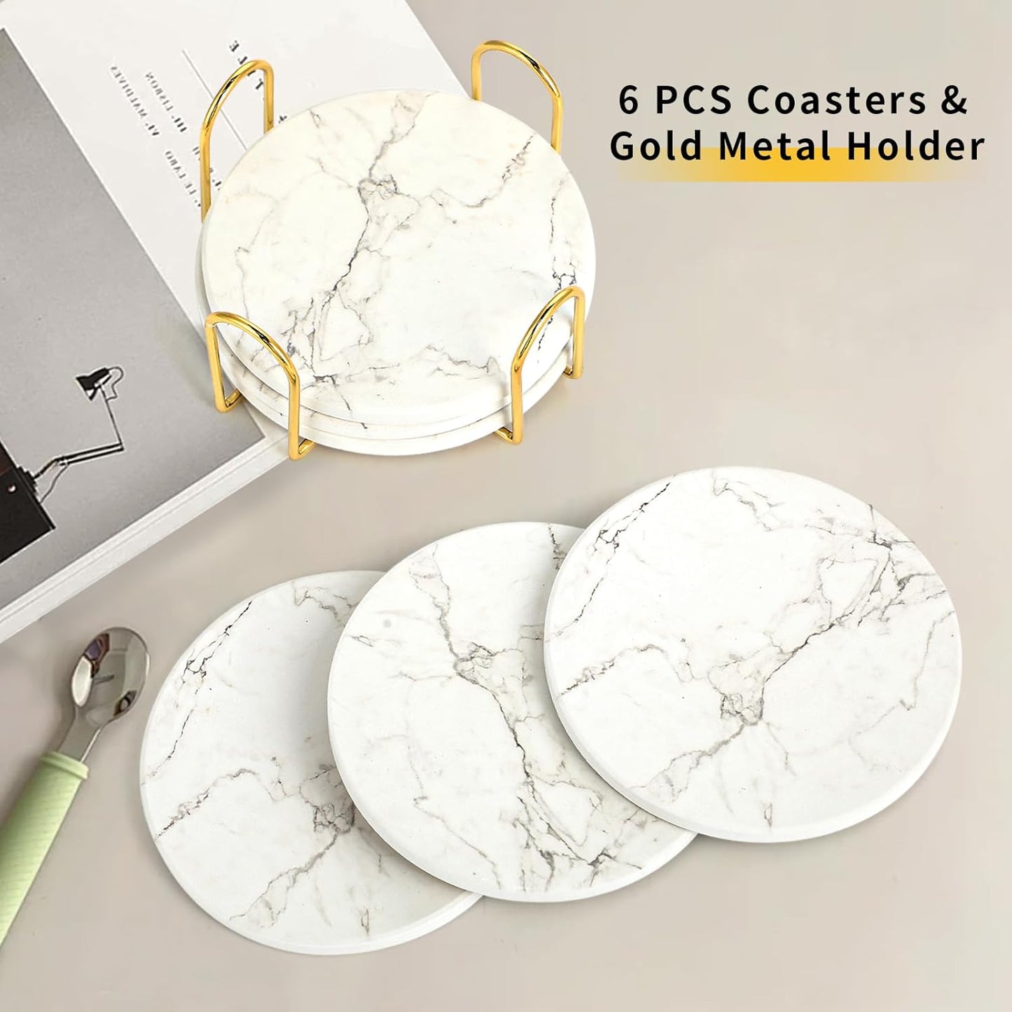 Sottobicchieri Con Supporto - Set Di 6 Sottobicchieri Ceramica - Absorbants Coasters Fondo Antiscivolo - Assorbimento Rapido Dell’Acqua - Motivo Marmo