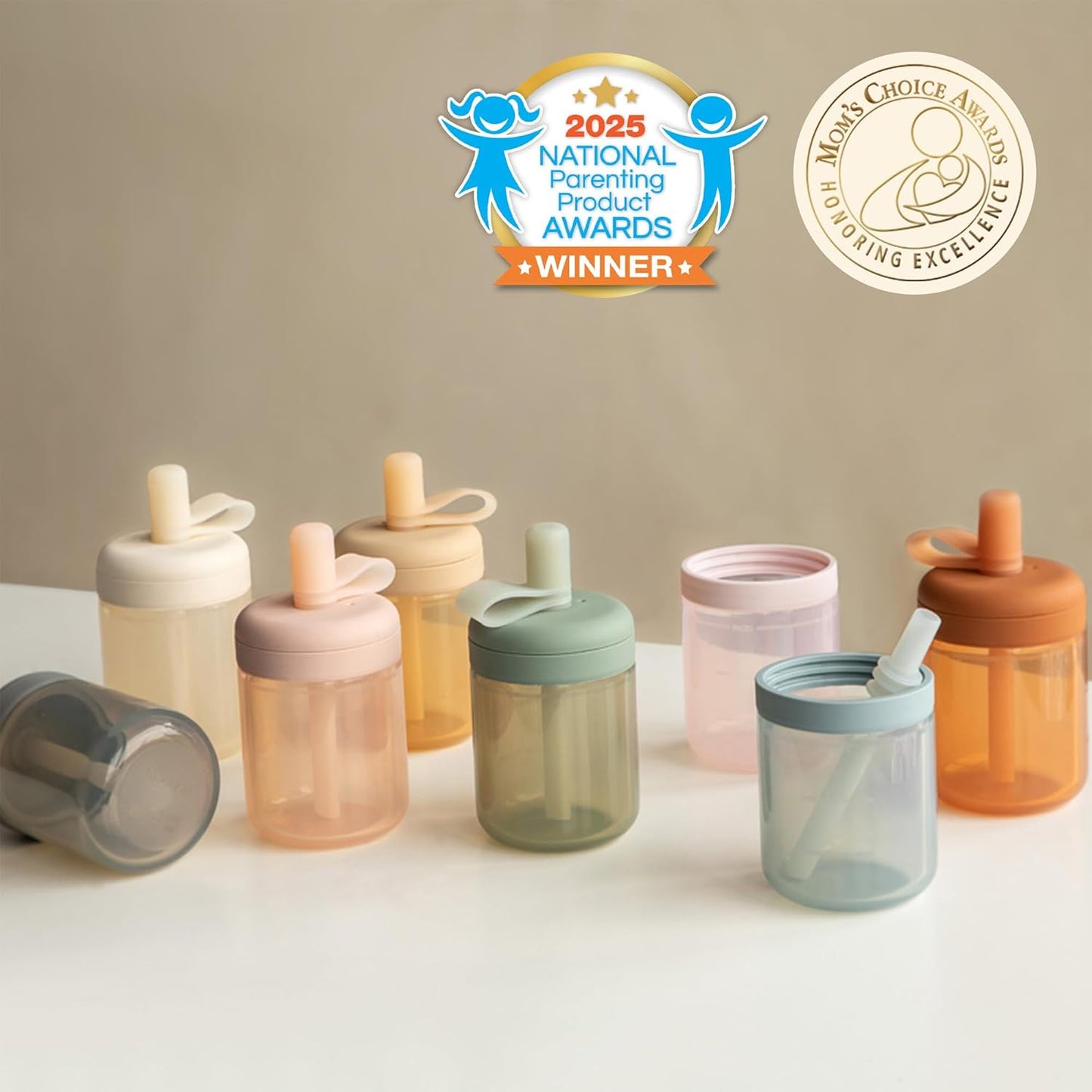 Moonkie Borraccia con Cannuccia, Bicchiere Antigoccia Bambini Silicone, Bicchiere con Cannuccia, Tazza con Cannuccia senza BPA, per Lavastoviglie, 6 Mesi+, 5oz(Argilla rossa/Avorio)