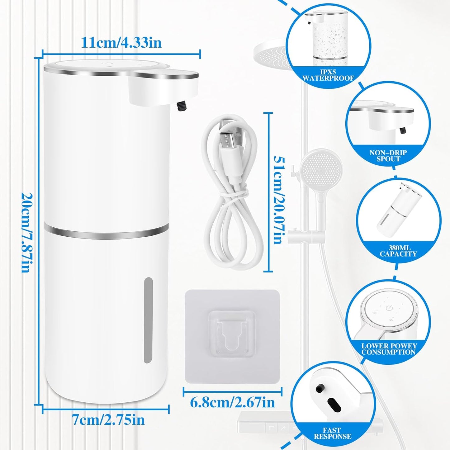 Dispenser Sapone Automatico Montaggio a Parete, USB Ricaricabile Dispenser Sapone Automatico, 380 ml Dispenser Sapone Bagno con Sensore di Movimento Infrarossi
