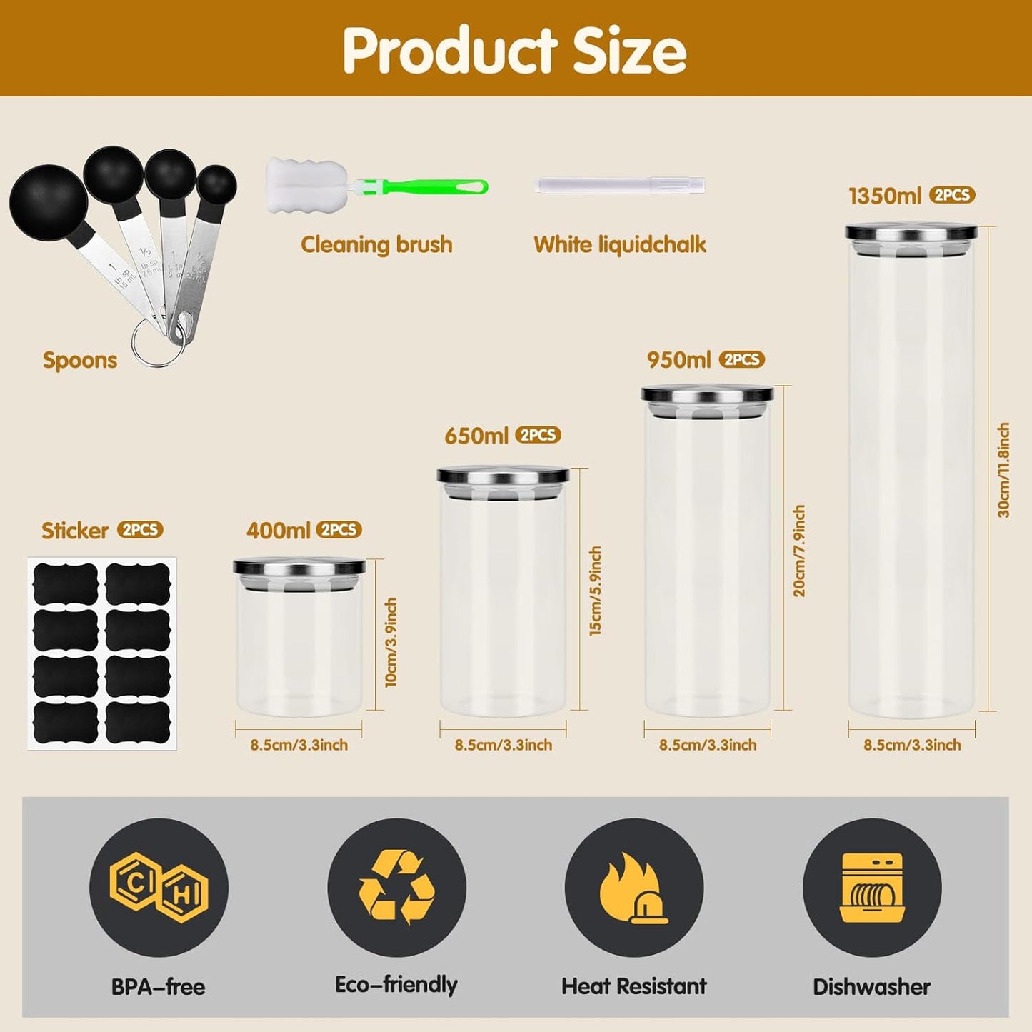 Set di 8 Barattoli di Vetro con Coperchio Barattoli di Vetro Ermetici 450ml/650ml/950ml/1350ml Barattoli Vetro Barattolo Vetro con Coperchio per Pasta Farina Zucchero Caffè Prodotti