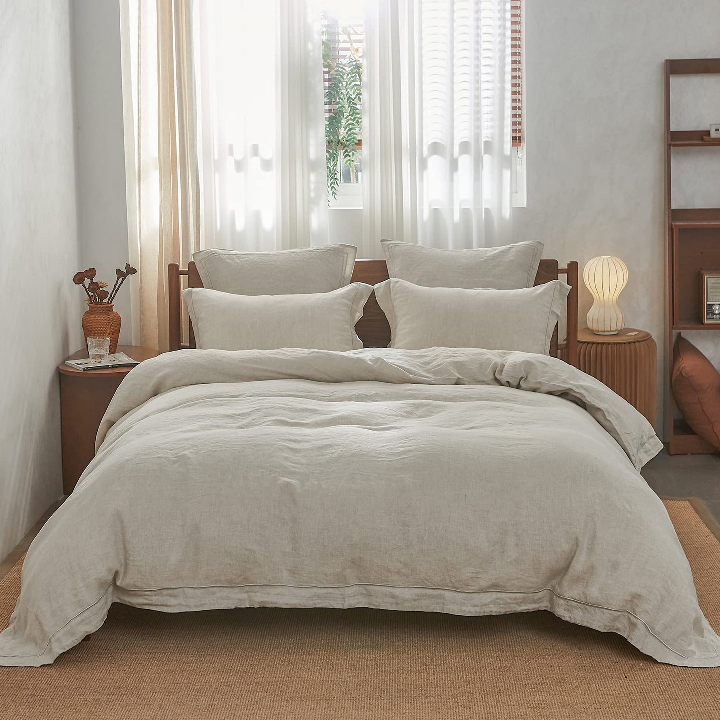 Simple&Opulence Set copripiumino in lino lavato a pietra naturale al 100% biancheria da letto in 3 pezzi con ricamo solido 1 copripiumino e 2 federe(King 230x220cm,Bianca)