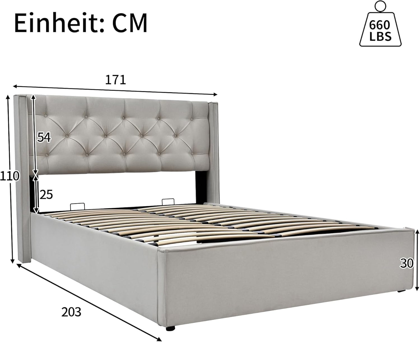 Letto Imbottito 160X200 Idraulico per Adulti con Rete a Doghe in Legno, Struttura e Testata, Moderna con Contenitore Sottoletto, Cotone, Grigio Chiaro, Senza Materasso
