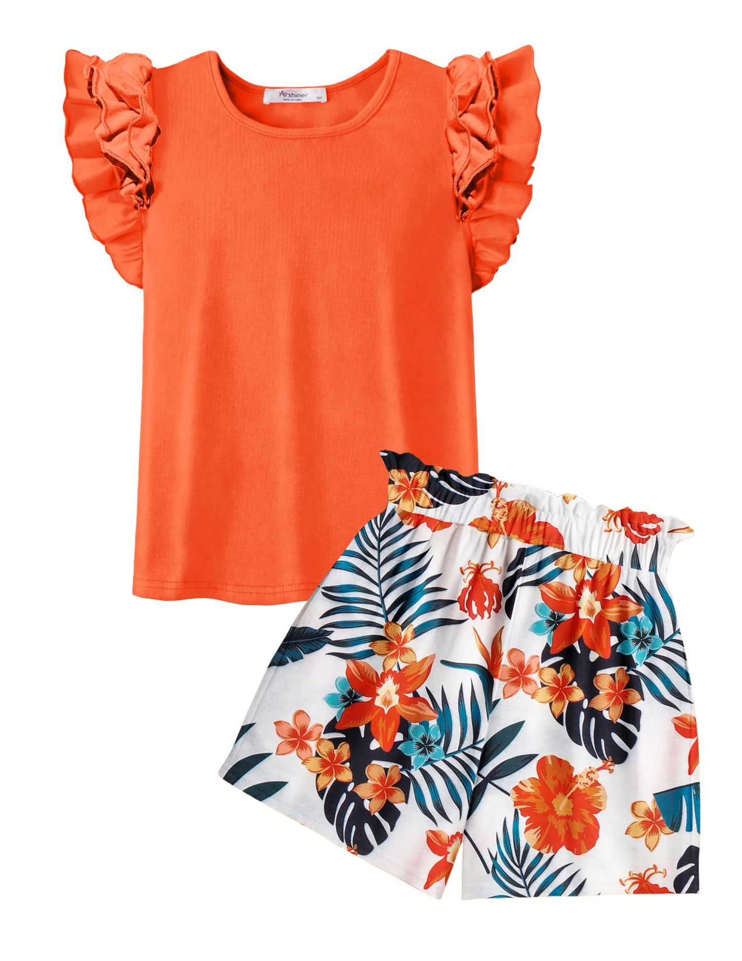 Arshiner Set di Abbigliamento per Ragazze T-shirt Estiva Pantaloncini Completo Bambini Cotone Maniche Volant Set di Abbigliamento per il Tempo Libero Moda Due Pezzi Ragazze con Tasca 6-14 Anni