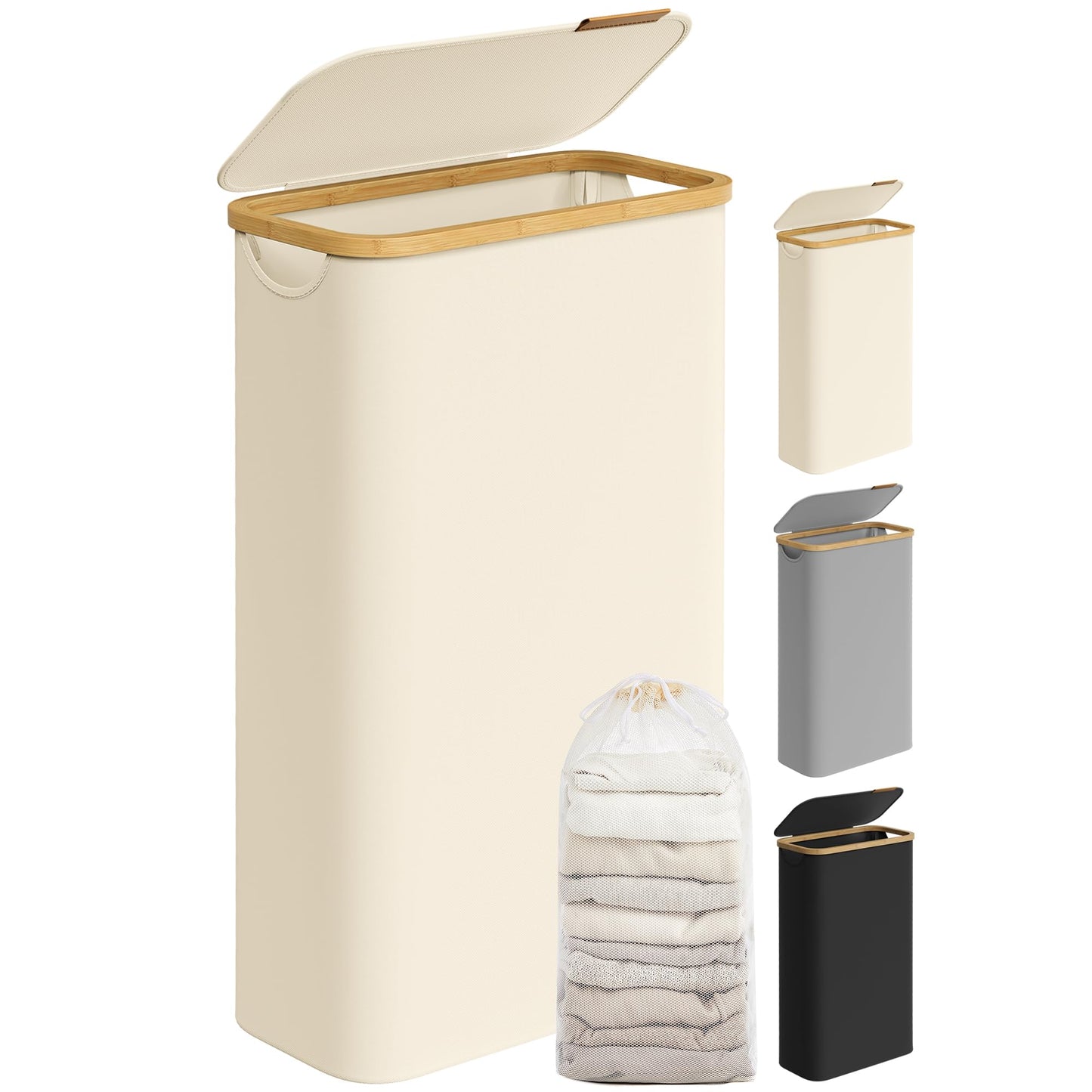 SONGMICS Cesto Portabiancheria con Coperchio, Cesta per Bucato, 65L, Salvaspazio, Sacco Rimovibile, Tessuto Oxford, Manici di Bambù, Pieghevole, 42 x 22,5 x 70,5 cm, Nero Inchiostro LCB506B01