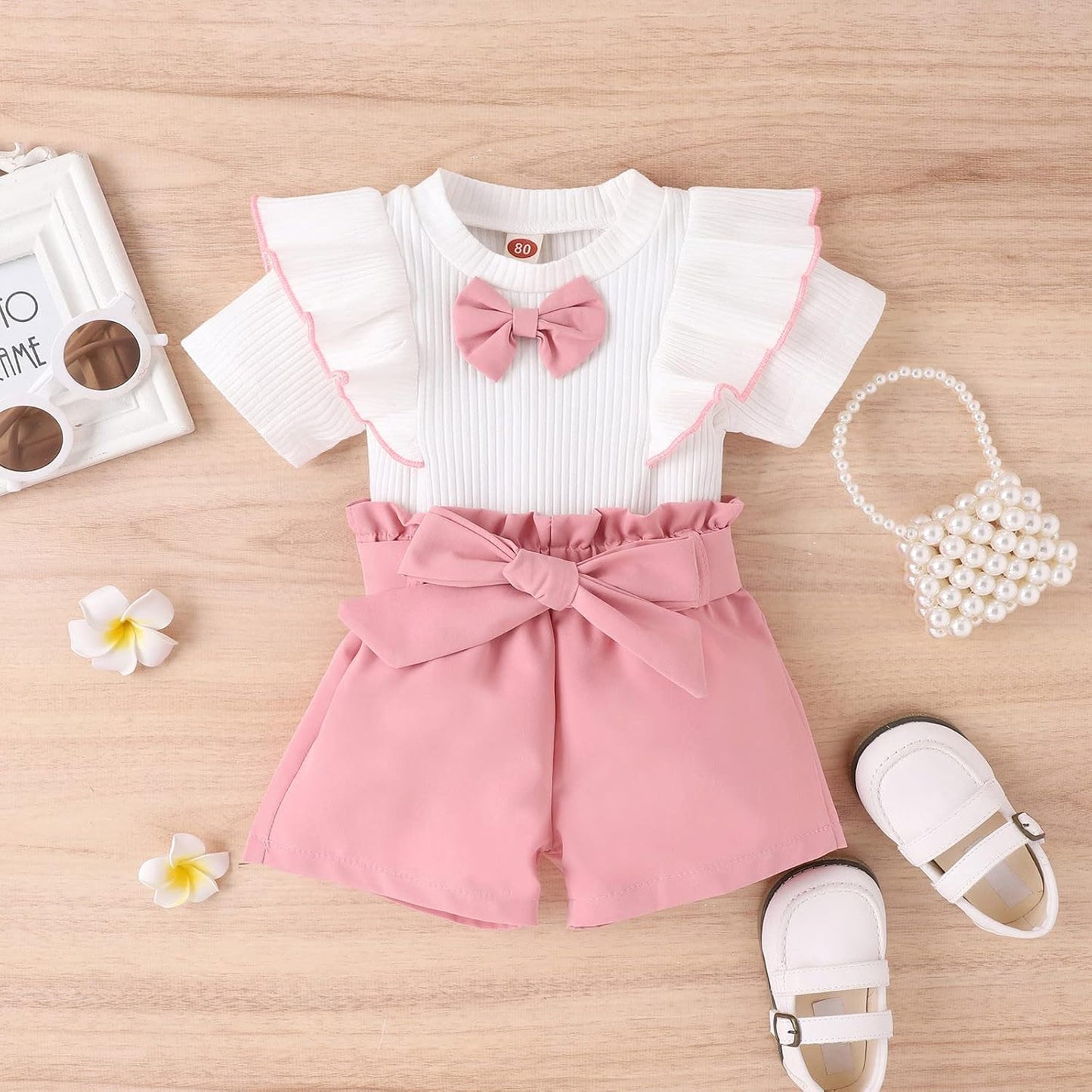2 Pezzi Completo Bambina Estivo Bambine Abbigliamento Estivo Top con Maniche A Volant E Pantaloncini per Bambini Pagliaccetto Neonato Estivo Vestiti Neonato Femmina