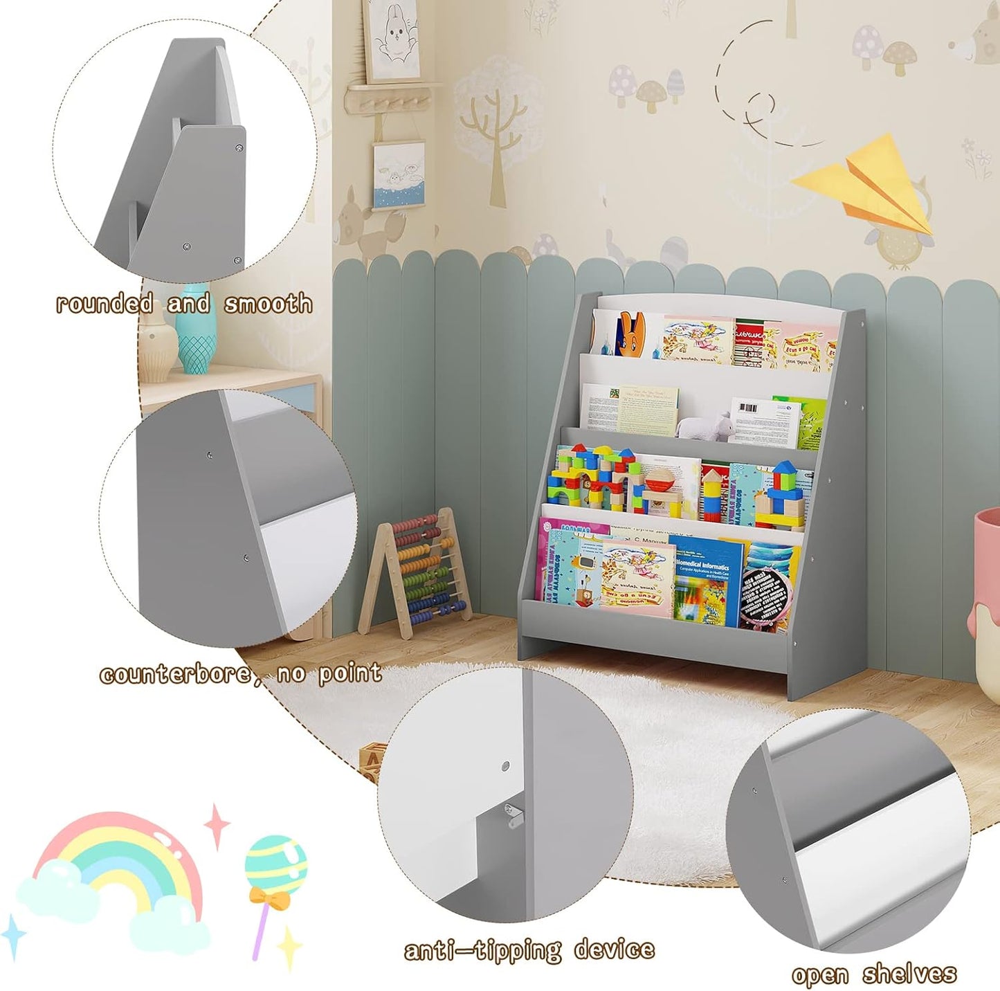Lestarain Libreria Montessoriana per Bambini in Legno, Mobiletto Porta Libri con 4 Scomparti Aperti, Scaffale per Libri da Terra per Cameretta, Bianco e Grigio, 61x30x70cm