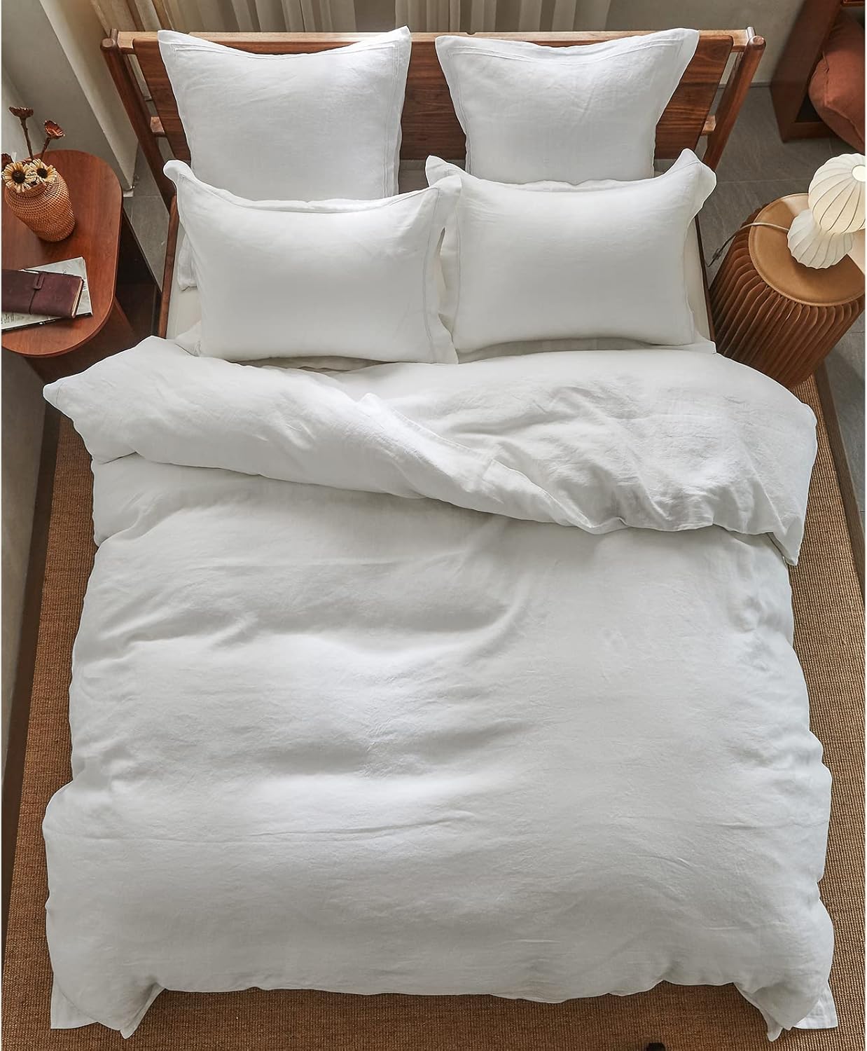 Simple&Opulence Set copripiumino in lino lavato a pietra naturale al 100% biancheria da letto in 3 pezzi con ricamo solido 1 copripiumino e 2 federe(King 230x220cm,Bianca)