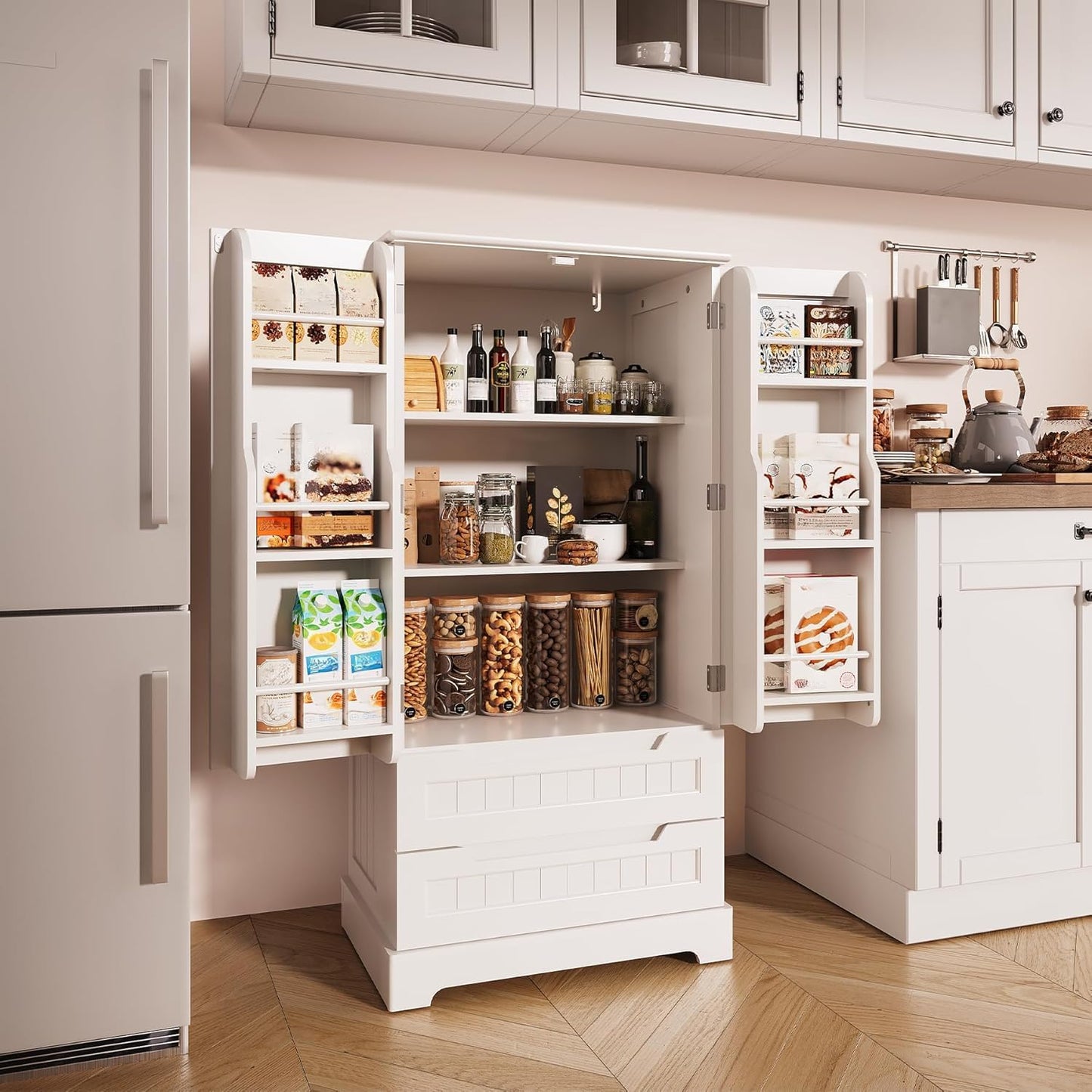 Bealife Credenza Armadio da Cucina, Armadio da Cucina con 2 Cassetti e 2 Ante, Mobile da Cucina Indipendente per la Cucina Bianco