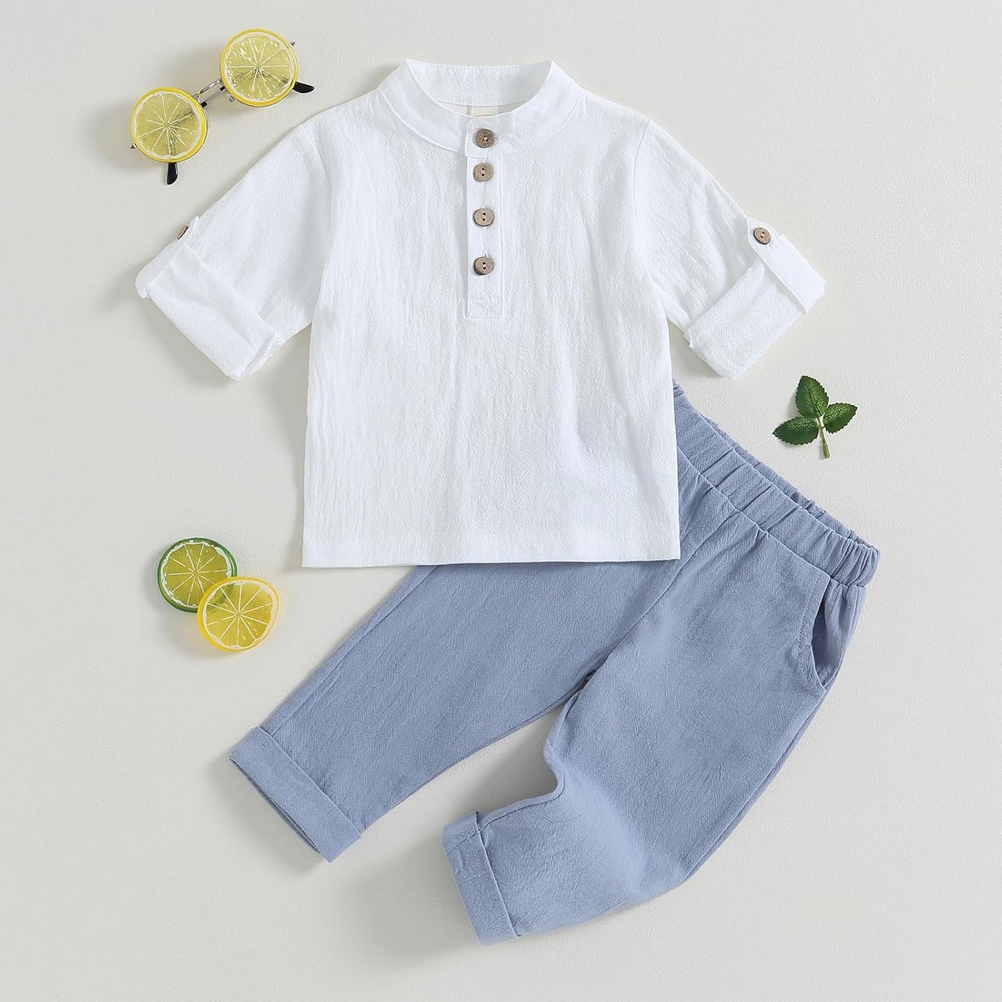 Geagodelia Completo Bambino Casual 2 Pezzi Tuta Neonato Estate Camicia Manica Corta con Bottoni +Pantaloni Lungi Vestiti Bambini Lino di Cotone