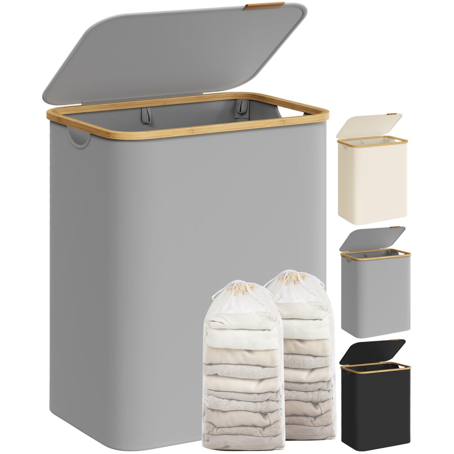 SONGMICS Cesto Portabiancheria con Coperchio, Cesta per Bucato, 65L, Salvaspazio, Sacco Rimovibile, Tessuto Oxford, Manici di Bambù, Pieghevole, 42 x 22,5 x 70,5 cm, Nero Inchiostro LCB506B01