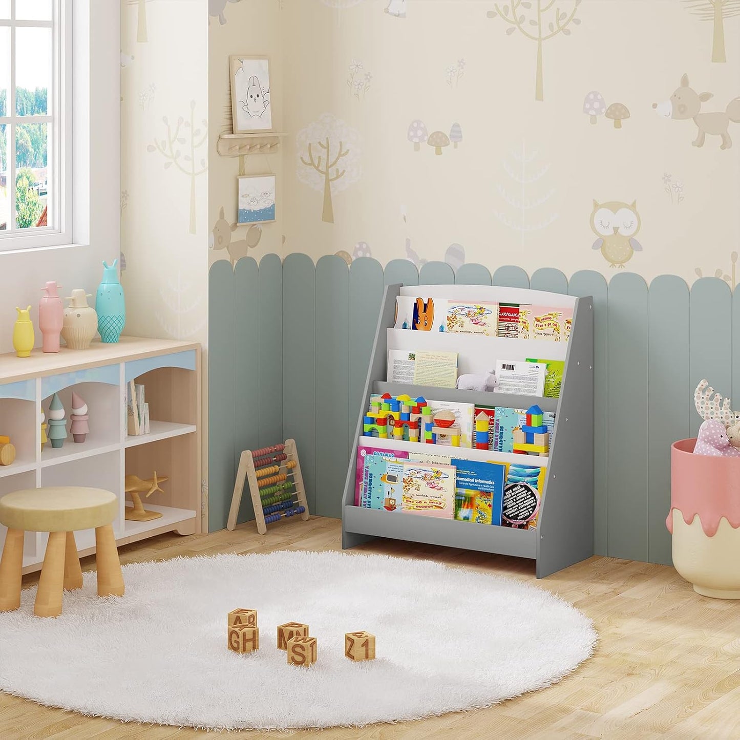 Lestarain Libreria Montessoriana per Bambini in Legno, Mobiletto Porta Libri con 4 Scomparti Aperti, Scaffale per Libri da Terra per Cameretta, Bianco e Grigio, 61x30x70cm