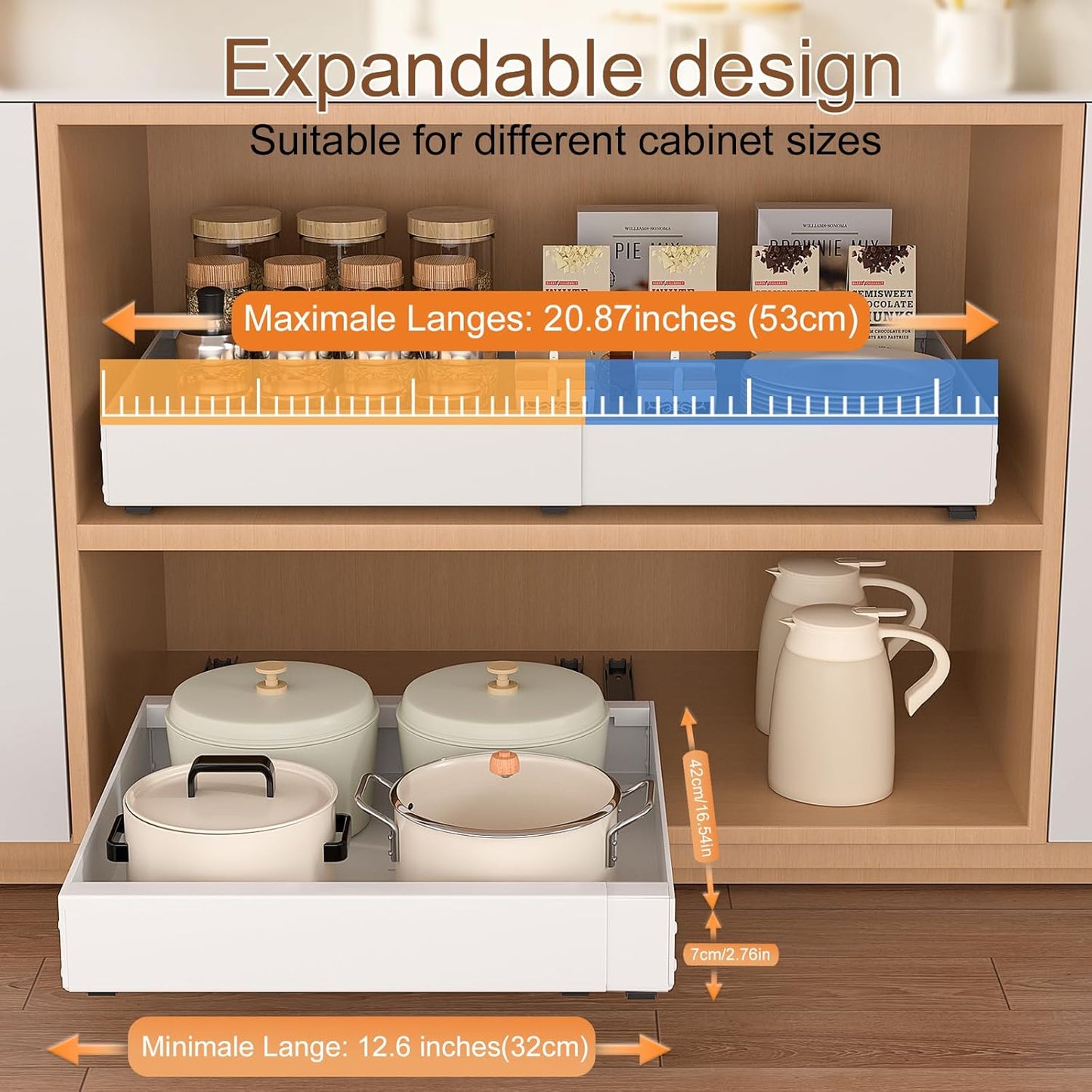 PNNP Cassetto Estraibile Cucina: Cassetti Telescopico Armadio - Cestelli Estraibili per Cucina a Larghezza Regolabile (32-53 cm L x 43 cm P x 7 cm A) - Nessuna Foratura | Bianco