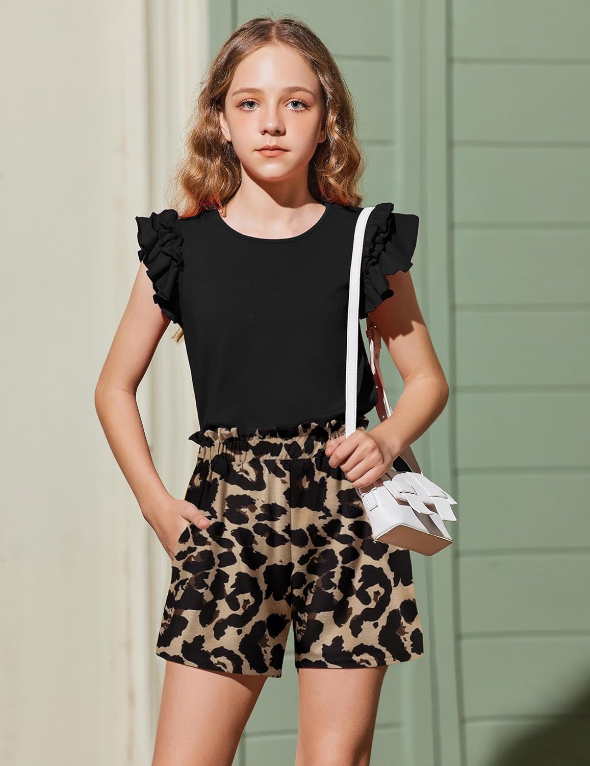 Arshiner Set di Abbigliamento per Ragazze T-shirt Estiva Pantaloncini Completo Bambini Cotone Maniche Volant Set di Abbigliamento per il Tempo Libero Moda Due Pezzi Ragazze con Tasca 6-14 Anni