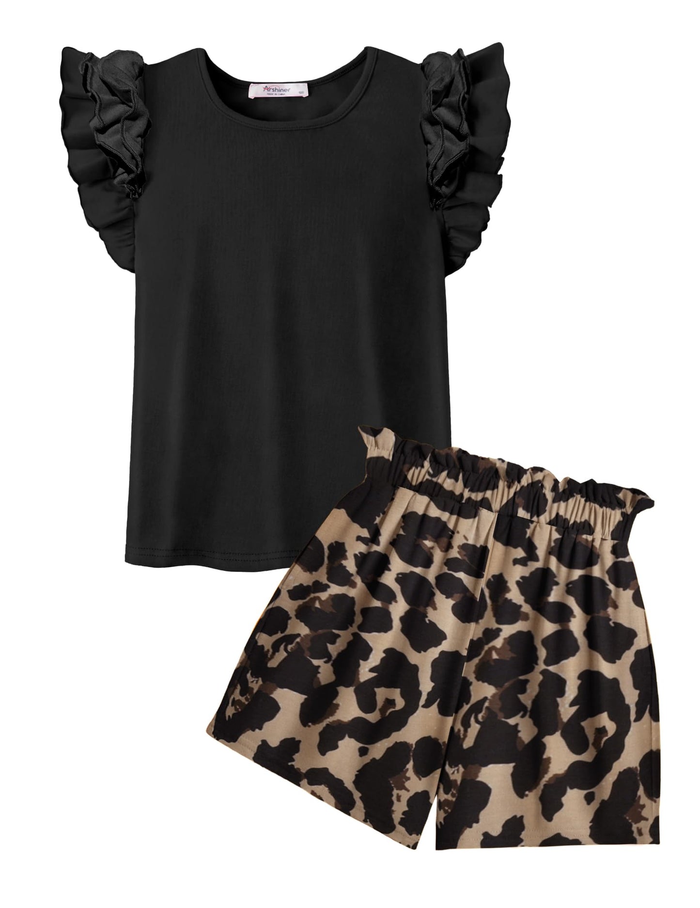 Arshiner Set di Abbigliamento per Ragazze T-shirt Estiva Pantaloncini Completo Bambini Cotone Maniche Volant Set di Abbigliamento per il Tempo Libero Moda Due Pezzi Ragazze con Tasca 6-14 Anni