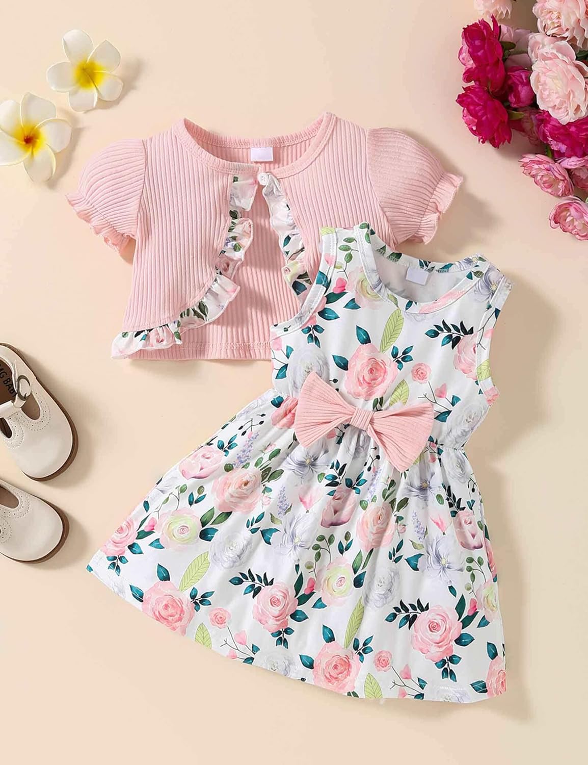 puseky Vestito e cardigan per Bambine Vestito senza maniche con stampa floreale e cappotto 2 pezzi Abitini per bambina