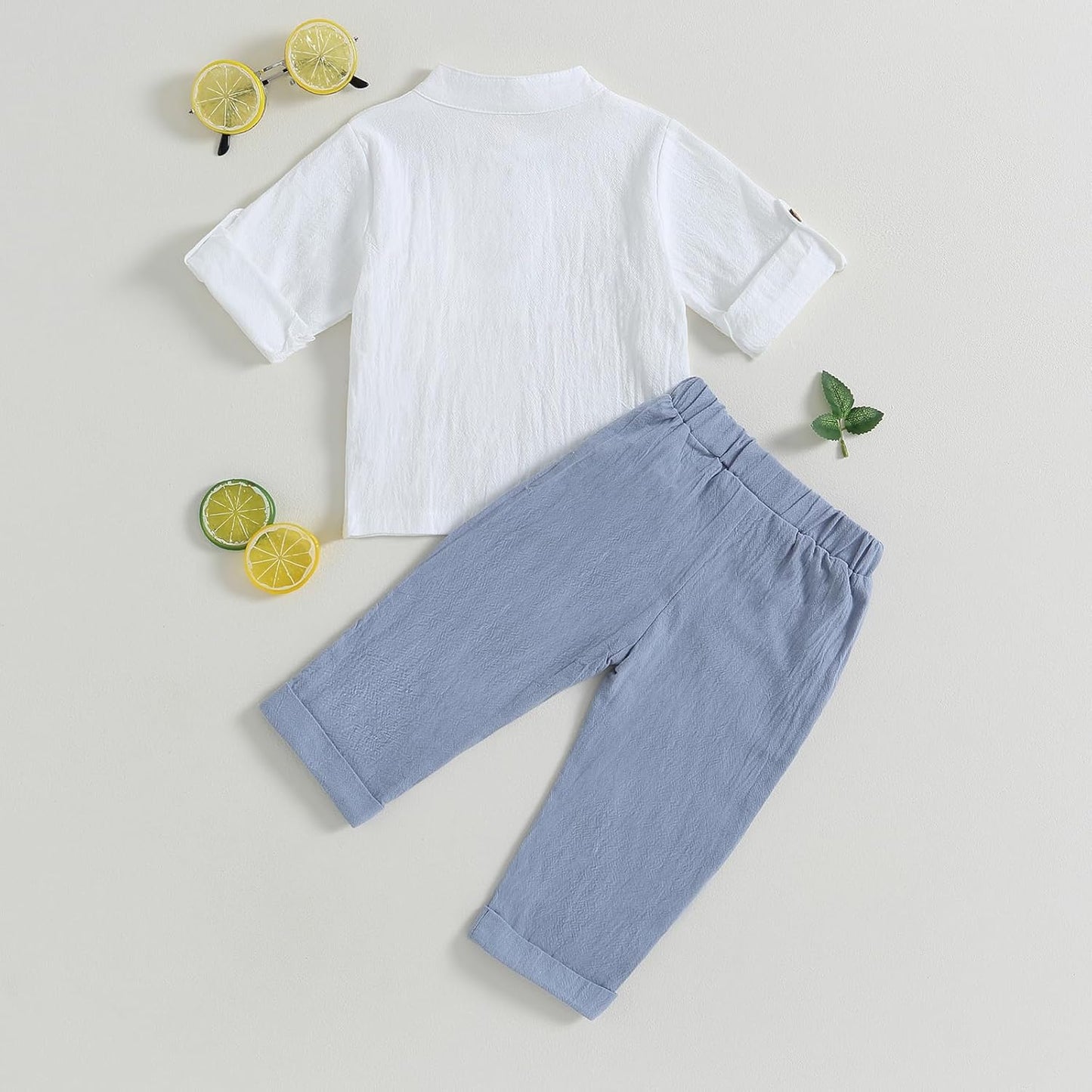 Geagodelia Completo Bambino Casual 2 Pezzi Tuta Neonato Estate Camicia Manica Corta con Bottoni +Pantaloni Lungi Vestiti Bambini Lino di Cotone
