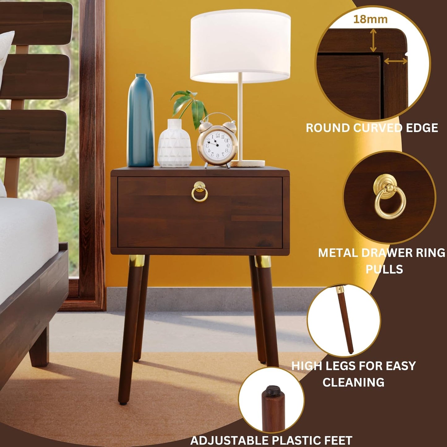 Bme Caden - Comodino in legno massello, completamente assemblato, con 1 cassetto, per camera da letto e soggiorno di metà secolo, colore: noce
