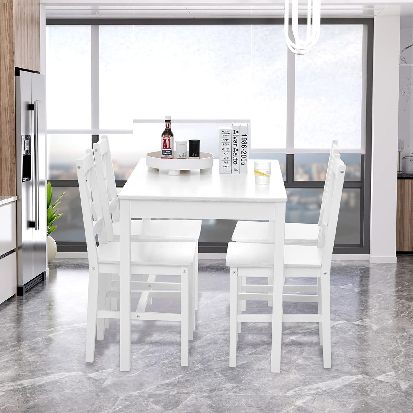 Tavolo Cucina con 4 Sedie Set da Pranzo Legno di Pino Modern Tavolo da Pranzo con 4 Sedie Tavolo e Sedie Cucina Salvaspazio (Bianco)