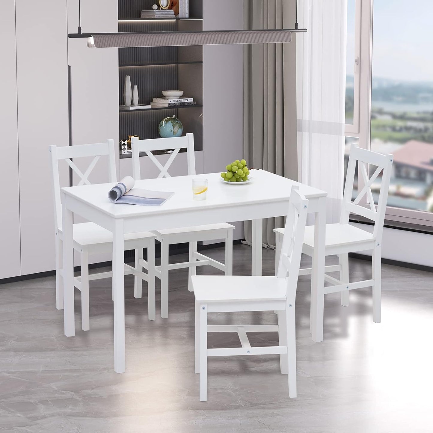 Tavolo Cucina con 4 Sedie Set da Pranzo Legno di Pino Modern Tavolo da Pranzo con 4 Sedie Tavolo e Sedie Cucina Salvaspazio (Bianco)