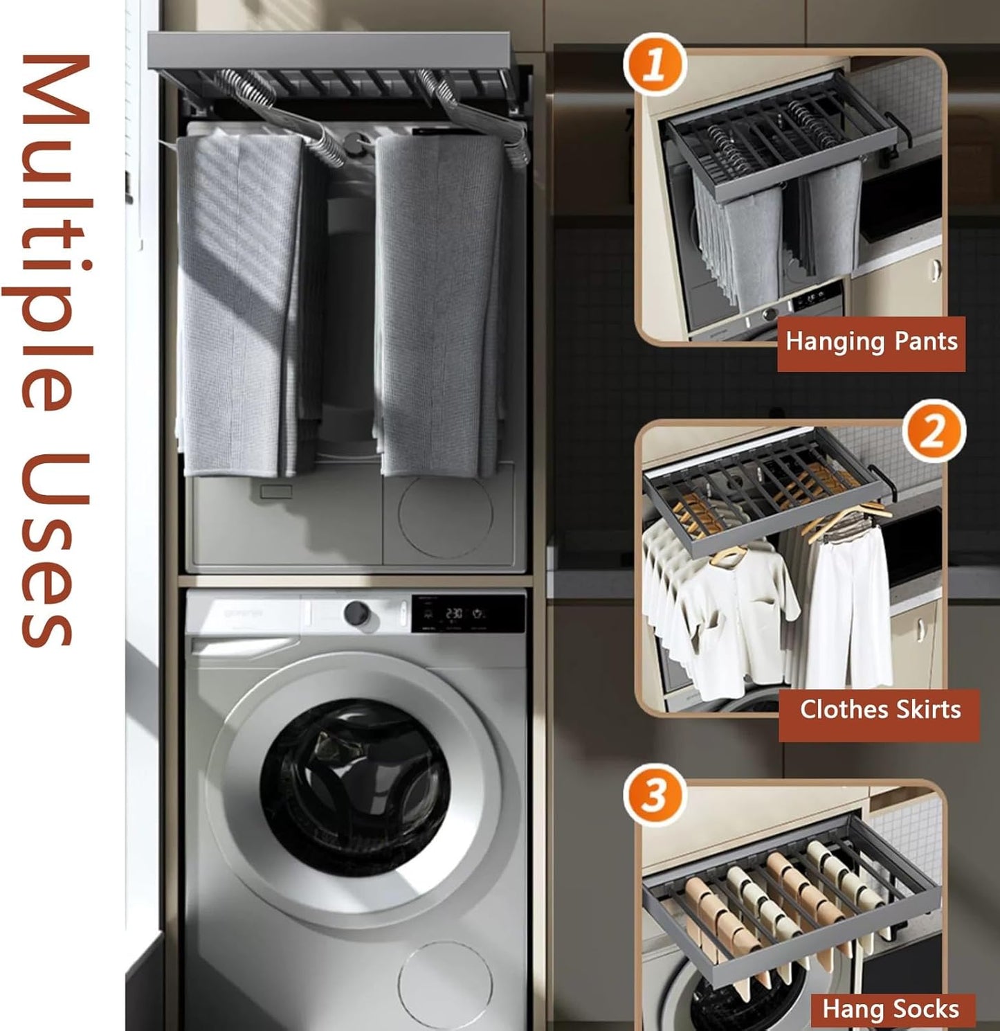 Stendibiancheria Pieghevole, Stendibiancheria Sopra La Lavatrice, Cestello For Armadio Incorporato, Cassetto Porta Pantaloni Estraibile Salvaspazio(414-464mm)