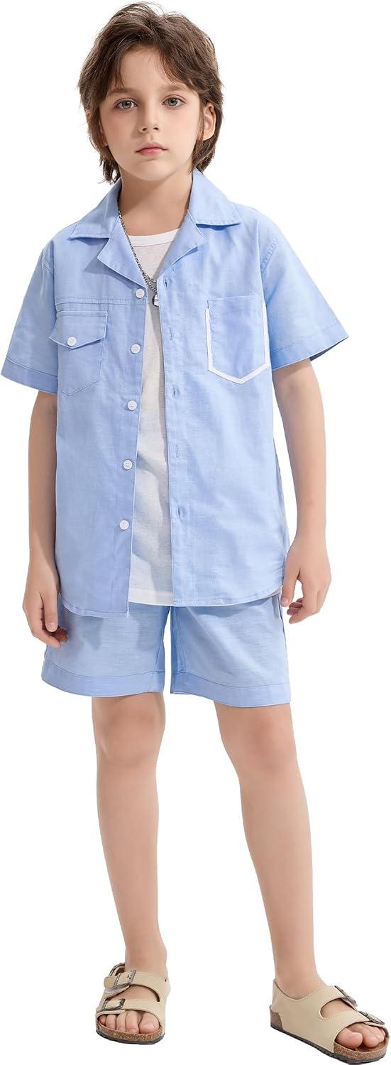 LOLANTA Set 2 Pezzi Abbigliamento Estivo Bambino, Camicia a Maniche Corte con Bottoni e Pantaloncini in Lino e Cotone, 5-12 Anni