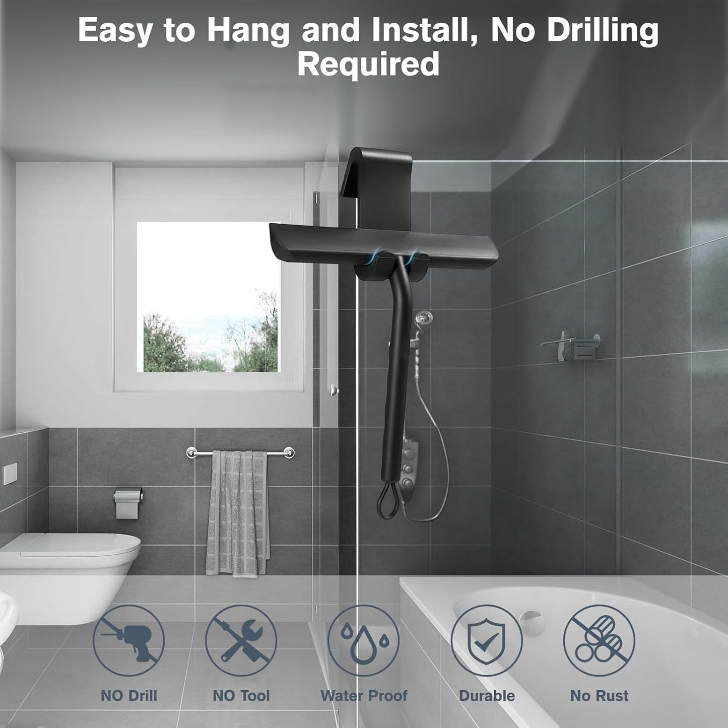 Tergivetro per Doccia, Lavavetri Doccia Senza Perforazione, Tira Acqua da Doccia con Gancio, Pulisci Vetro Doccia Anima Acciaio Inox per Finestre, Specchi, Bagno Pulire Superfici Lisce-21cm