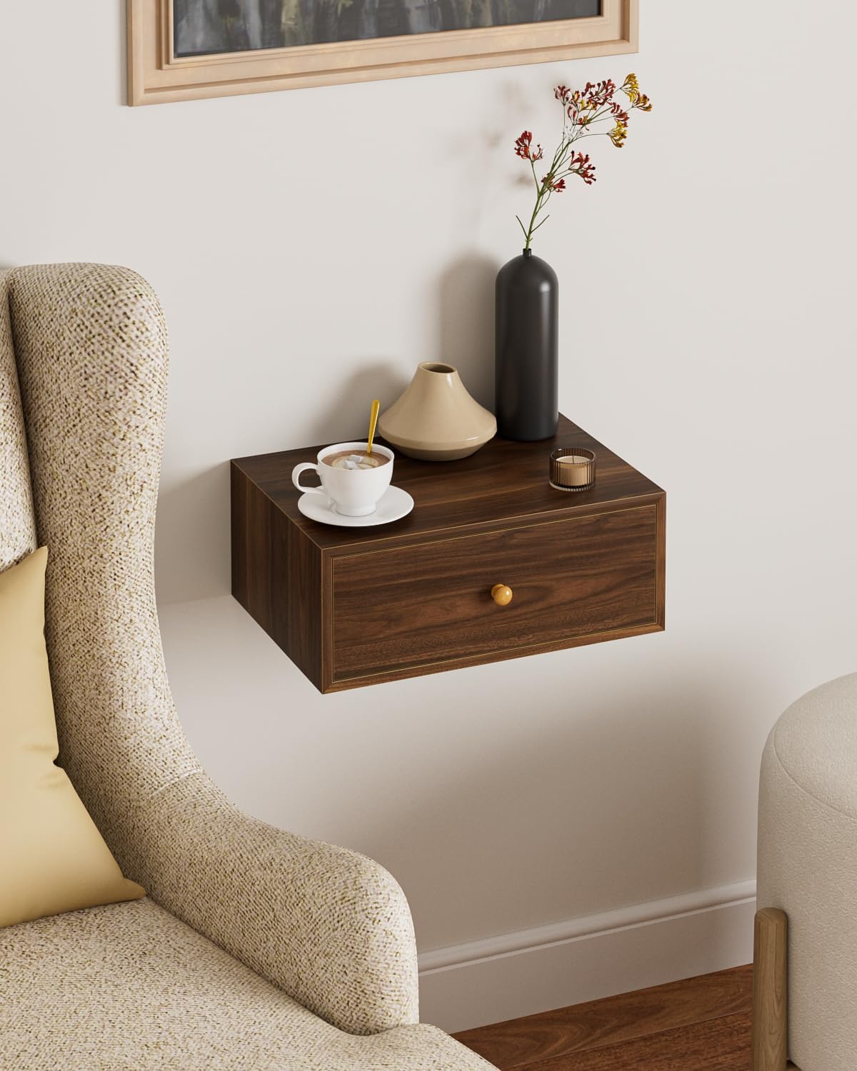 HEYZOEY Floating Night Stand, Floating Shelf with Drawer, Wall Mounted Nightstand, Floating Bedside Table (noce)