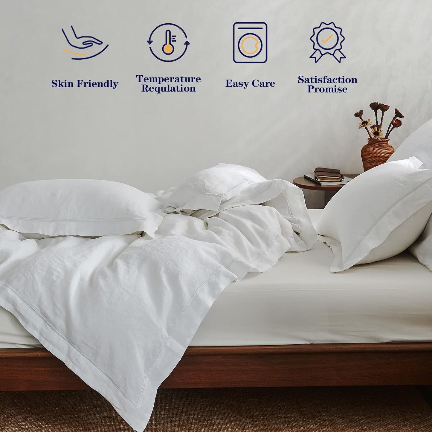 Simple&Opulence Set copripiumino in lino lavato a pietra naturale al 100% biancheria da letto in 3 pezzi con ricamo solido 1 copripiumino e 2 federe(King 230x220cm,Bianca)