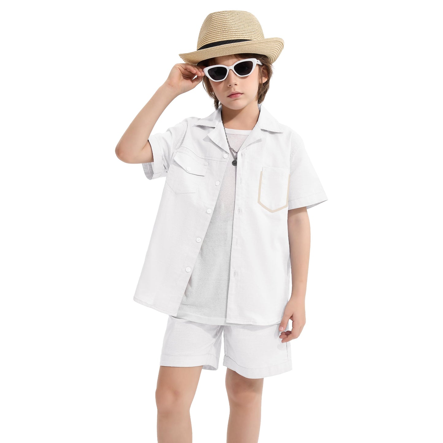 LOLANTA Set 2 Pezzi Abbigliamento Estivo Bambino, Camicia a Maniche Corte con Bottoni e Pantaloncini in Lino e Cotone, 5-12 Anni